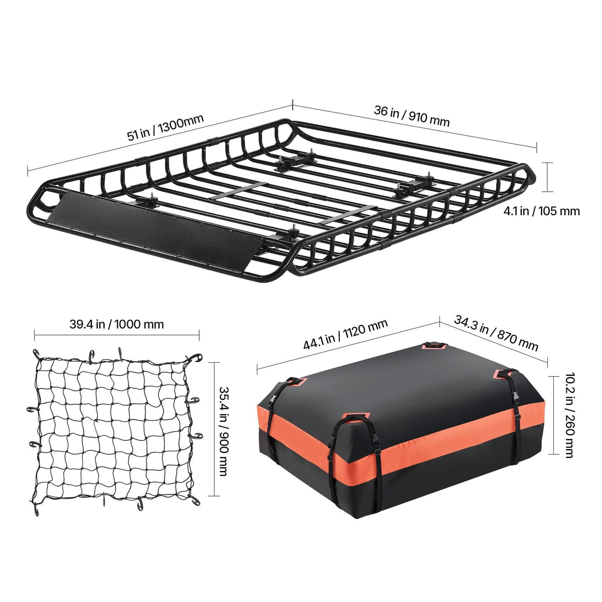 Roof Rack Basket, 51 x 36 x 4.1 in, Universal Rooftop Cargo Carrier with 1120 x 870 x 260 mm Cargo Bag, Net, Ratchet Straps, 200 lbs Max Load Capacity Car Top Luggage Holder, for SUV Truck Car