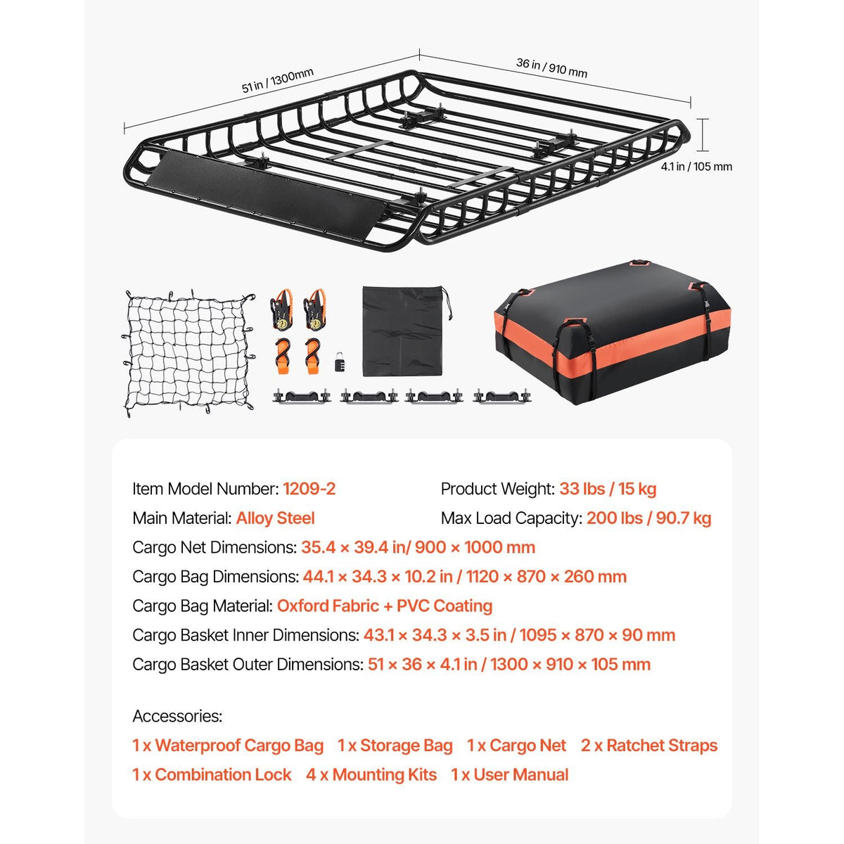 Roof Rack Basket, 51 x 36 x 4.1 in, Universal Rooftop Cargo Carrier with 1120 x 870 x 260 mm Cargo Bag, Net, Ratchet Straps, 200 lbs Max Load Capacity Car Top Luggage Holder, for SUV Truck Car