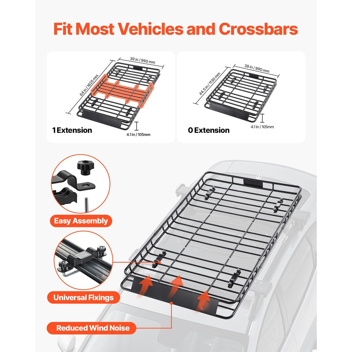 Roof Rack Basket, 64 x 39 x 4.1 in, Universal Rooftop Cargo Carrier with 44.1 x 34.3 x 10.2 in Cargo Bag, Net, Ratchet Straps, 250 lbs Max Load Capacity Car Top Luggage Holder, for SUV Truck Car