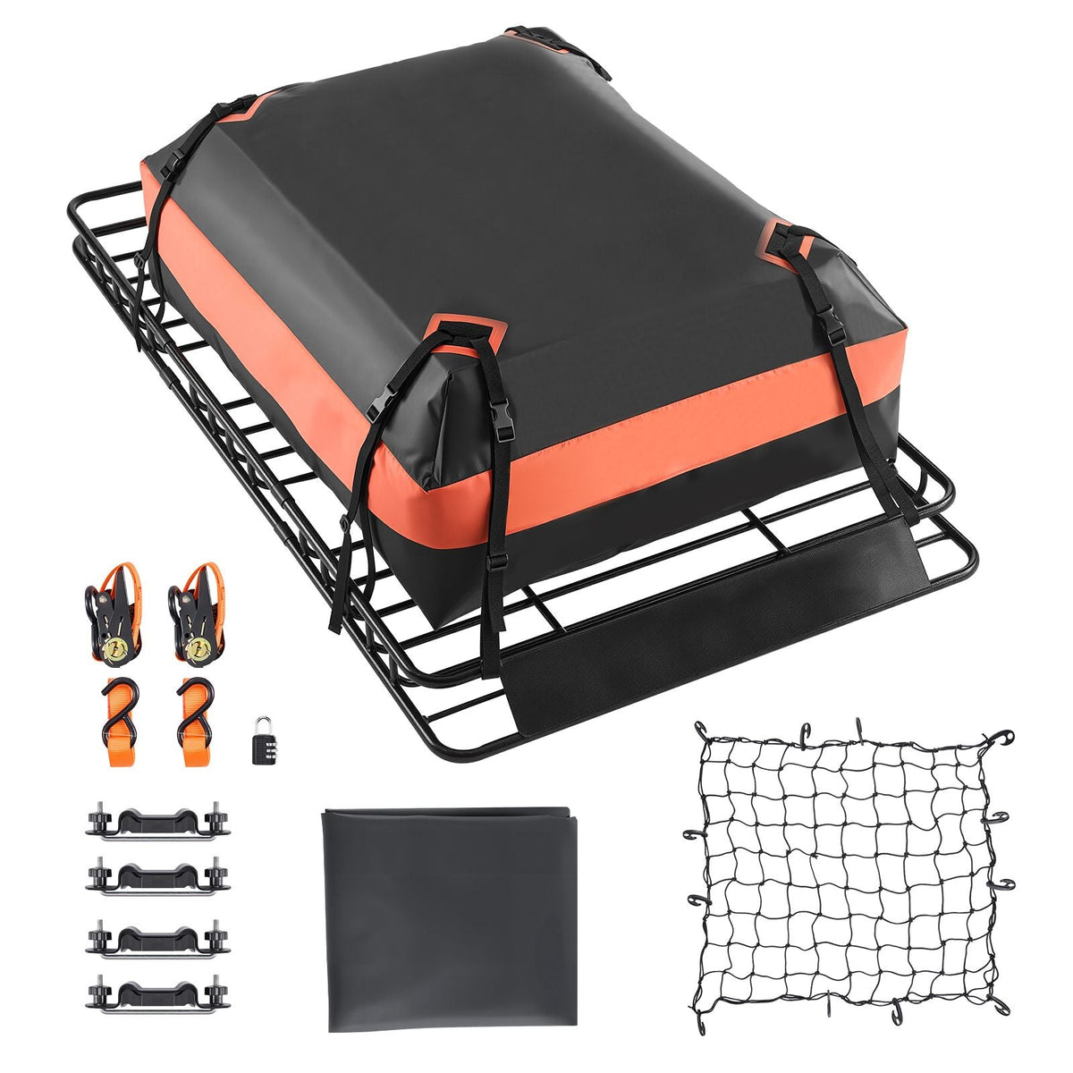 Roof Rack Basket, 64 x 39 x 4.1 in, Universal Rooftop Cargo Carrier with 44.1 x 34.3 x 10.2 in Cargo Bag, Net, Ratchet Straps, 250 lbs Max Load Capacity Car Top Luggage Holder, for SUV Truck Car