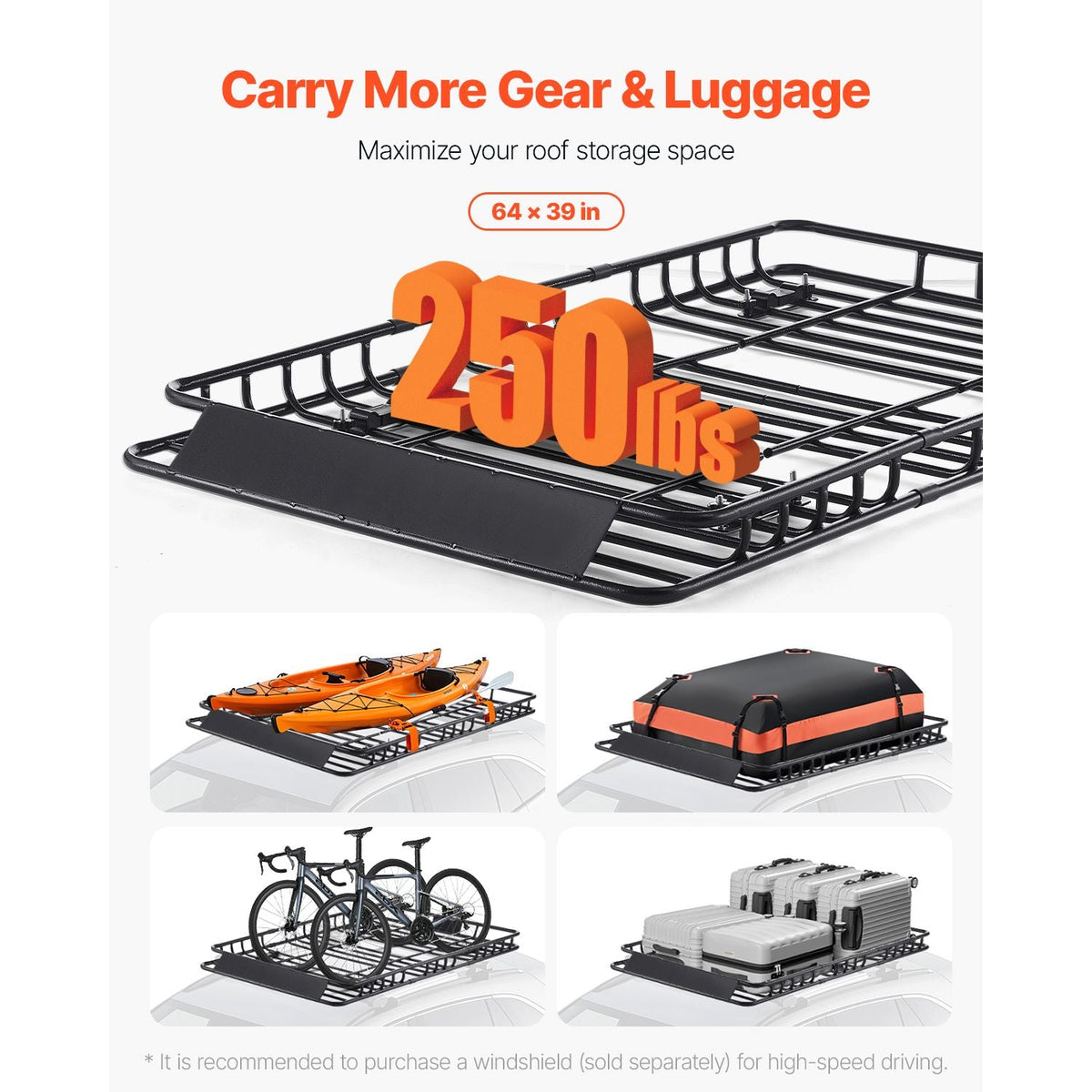 Roof Rack Basket, 64 x 39 x 4.1 in, Universal Rooftop Cargo Carrier with 44.1 x 34.3 x 10.2 in Cargo Bag, Net, Ratchet Straps, 250 lbs Max Load Capacity Car Top Luggage Holder, for SUV Truck Car