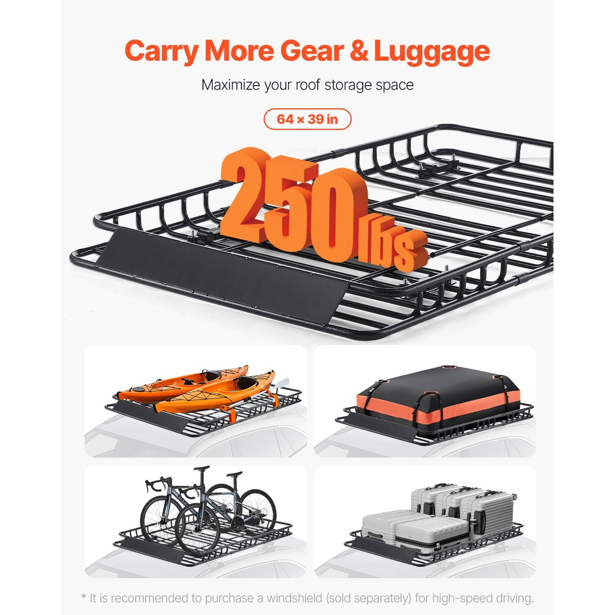 Roof Rack Basket, 64 x 39 x 4.1 in, Universal Rooftop Cargo Carrier with 44.1 x 34.3 x 10.2 in Cargo Bag, Net, Ratchet Straps, 250 lbs Max Load Capacity Car Top Luggage Holder, for SUV Truck Car