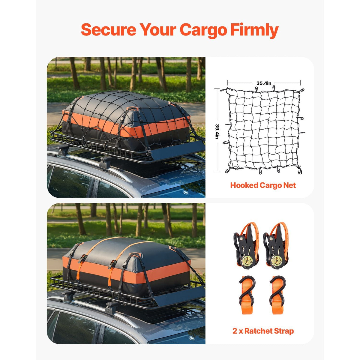 Roof Rack Basket, 64 x 39 x 4.1 in, Universal Rooftop Cargo Carrier with 44.1 x 34.3 x 10.2 in Cargo Bag, Net, Ratchet Straps, 250 lbs Max Load Capacity Car Top Luggage Holder, for SUV Truck Car