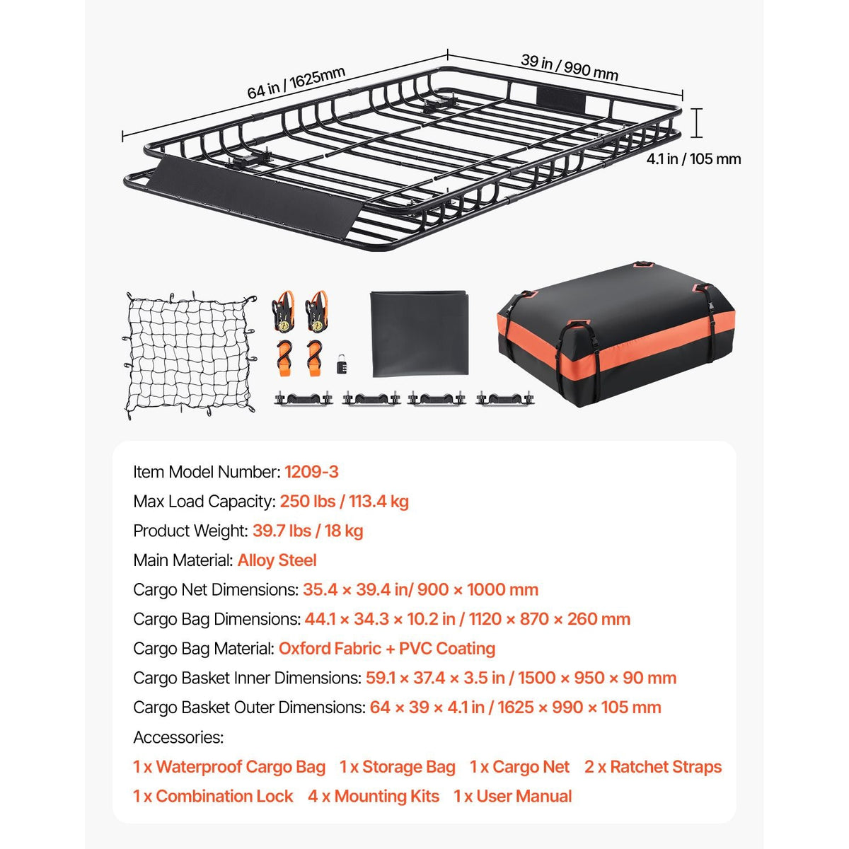 Roof Rack Basket, 64 x 39 x 4.1 in, Universal Rooftop Cargo Carrier with 44.1 x 34.3 x 10.2 in Cargo Bag, Net, Ratchet Straps, 250 lbs Max Load Capacity Car Top Luggage Holder, for SUV Truck Car