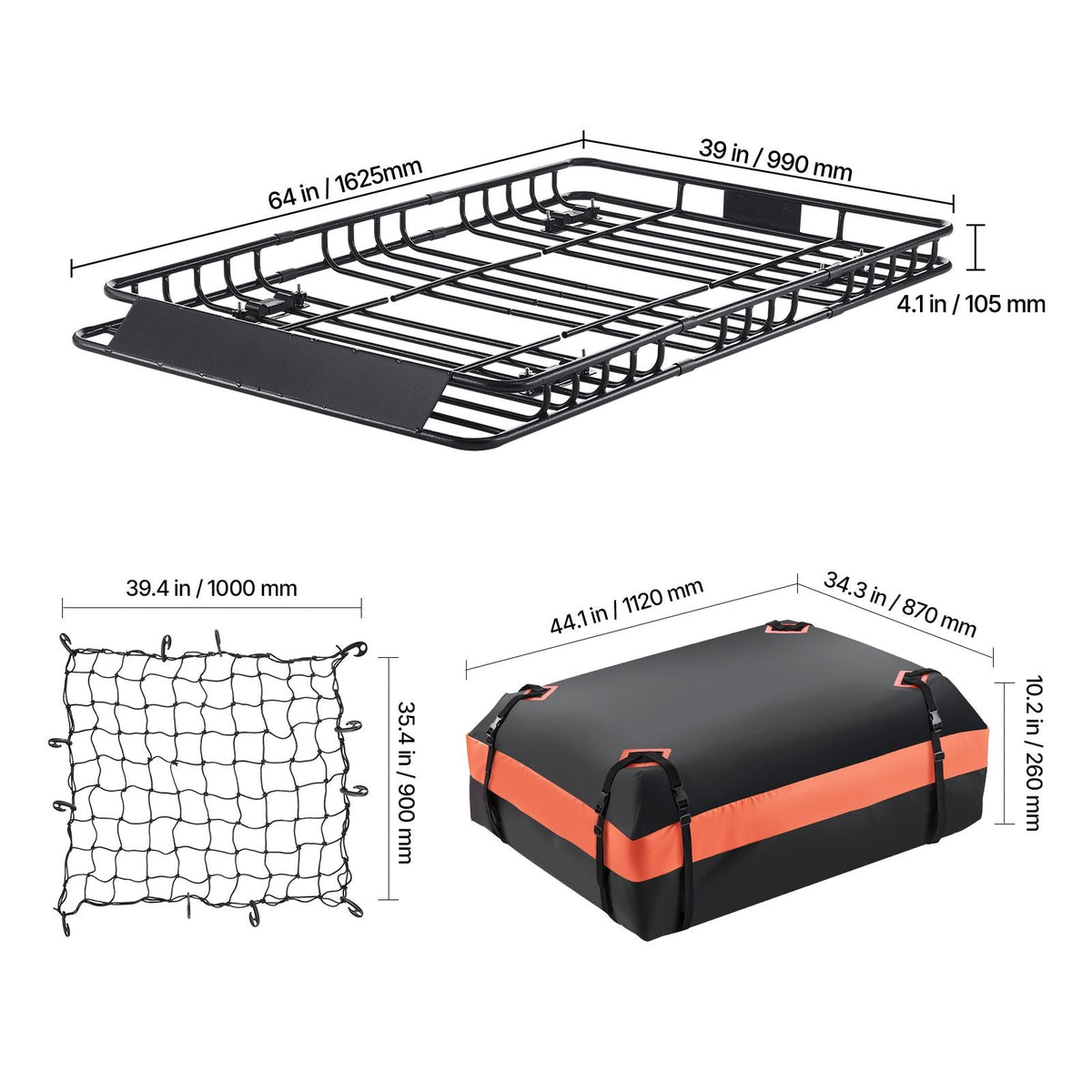 Roof Rack Basket, 64 x 39 x 4.1 in, Universal Rooftop Cargo Carrier with 44.1 x 34.3 x 10.2 in Cargo Bag, Net, Ratchet Straps, 250 lbs Max Load Capacity Car Top Luggage Holder, for SUV Truck Car