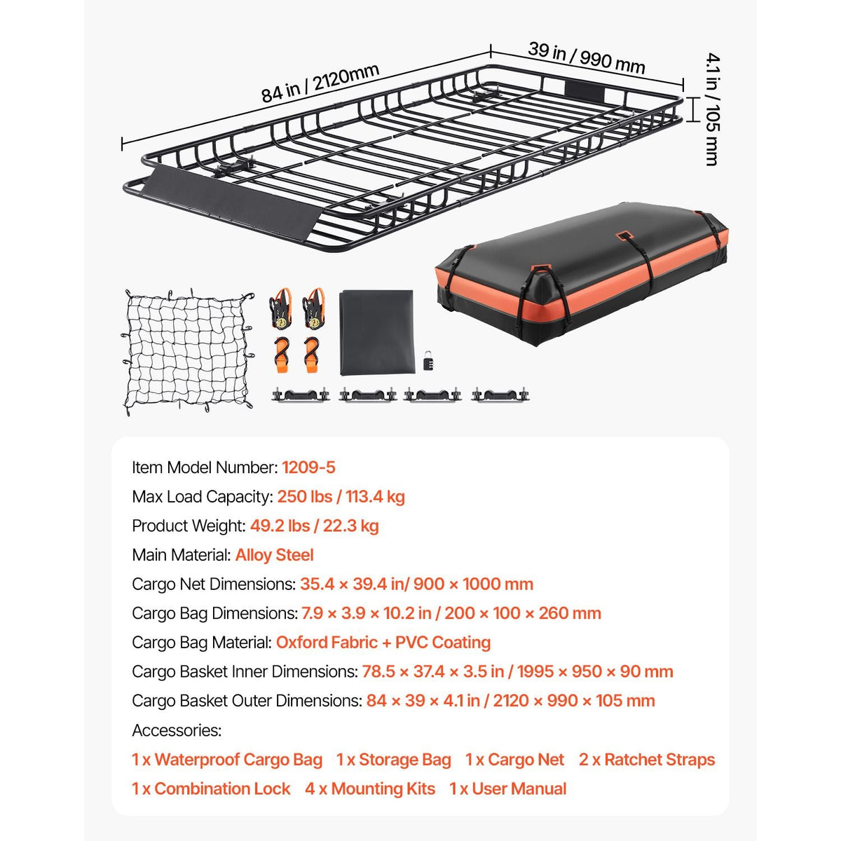 Roof Rack Basket, 84 x 39 x 4.1 in, Universal Rooftop Cargo Carrier with 7.9 x 3.9 x 10.2 in Cargo Bag, Net, Ratchet Straps, 250 lbs Max Load Capacity Car Top Luggage Holder, for SUV Truck Car