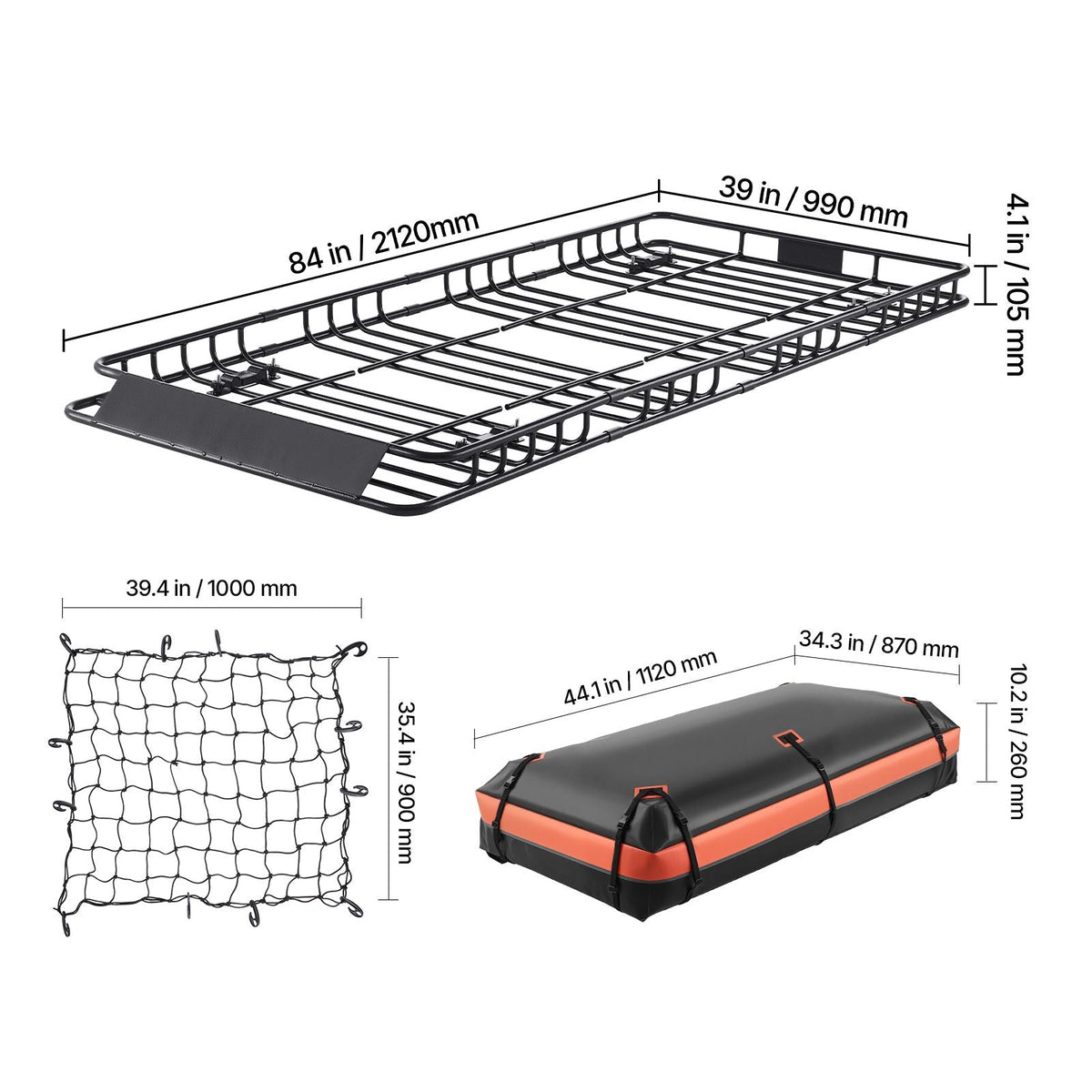 Roof Rack Basket, 84 x 39 x 4.1 in, Universal Rooftop Cargo Carrier with 7.9 x 3.9 x 10.2 in Cargo Bag, Net, Ratchet Straps, 250 lbs Max Load Capacity Car Top Luggage Holder, for SUV Truck Car