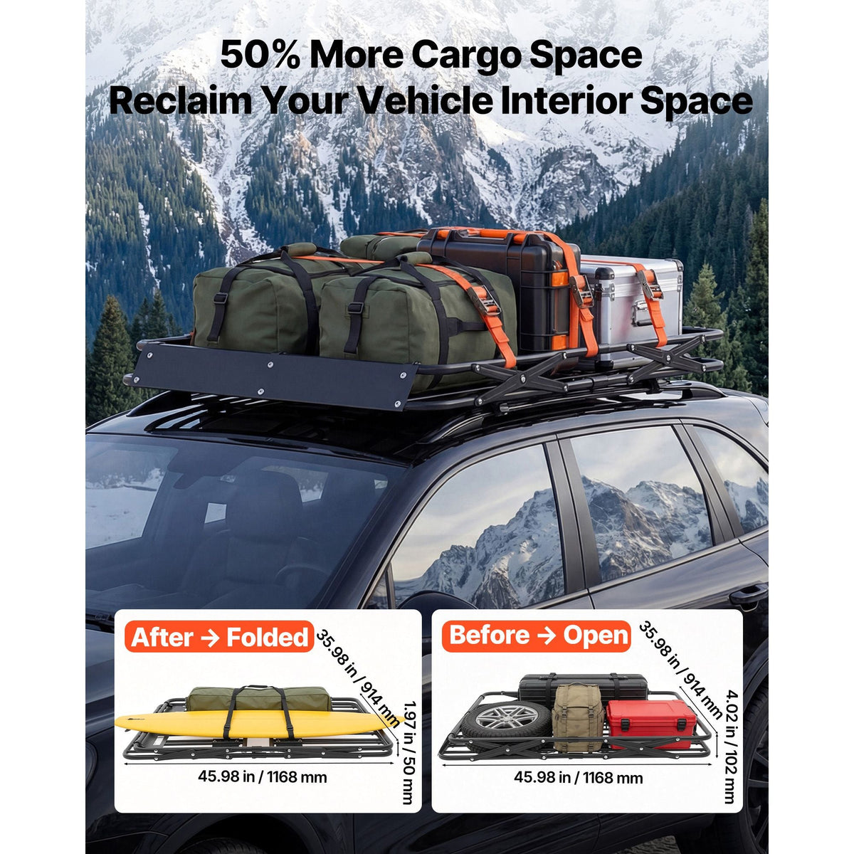 Roof Rack Cargo Basket, 46 x 36 x 4 in, Heavy Duty Roof Top Carrier Basket with Folding Design, 200 lbs Capacity, All-Weather Easy-Install Car Top Luggage Holder, Universal Fit for SUV Truck Car