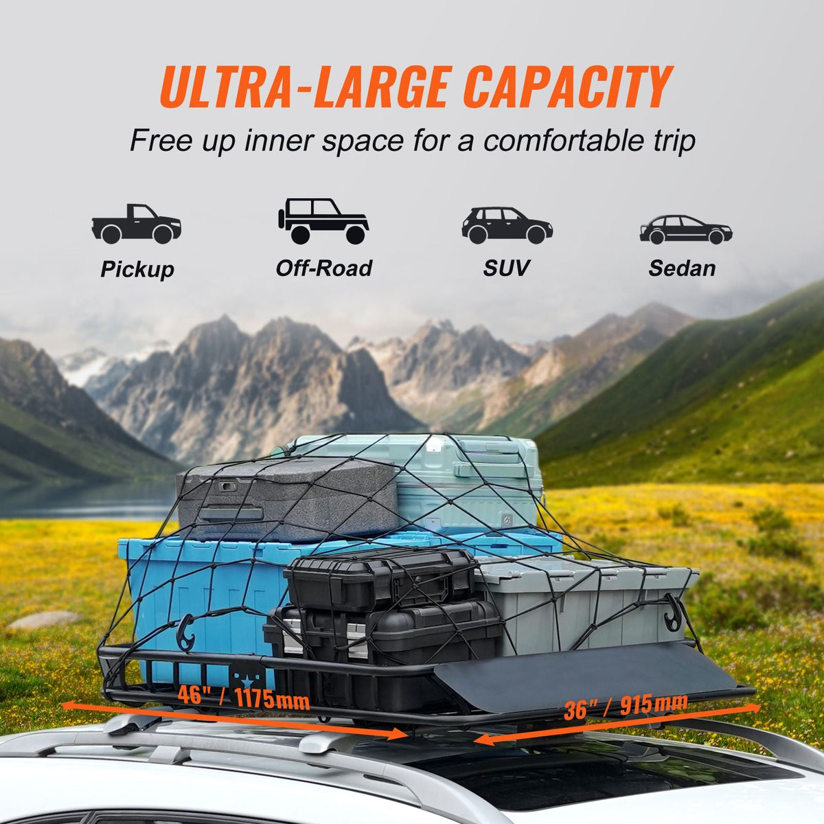 Roof Rack Cargo Basket, 46" x 36" x 4.5" Rooftop Cargo Carrier, Heavy-duty 200 LBS Capacity Universal Roof Rack Basket, Luggage Holder for SUV, Truck, Vehicle