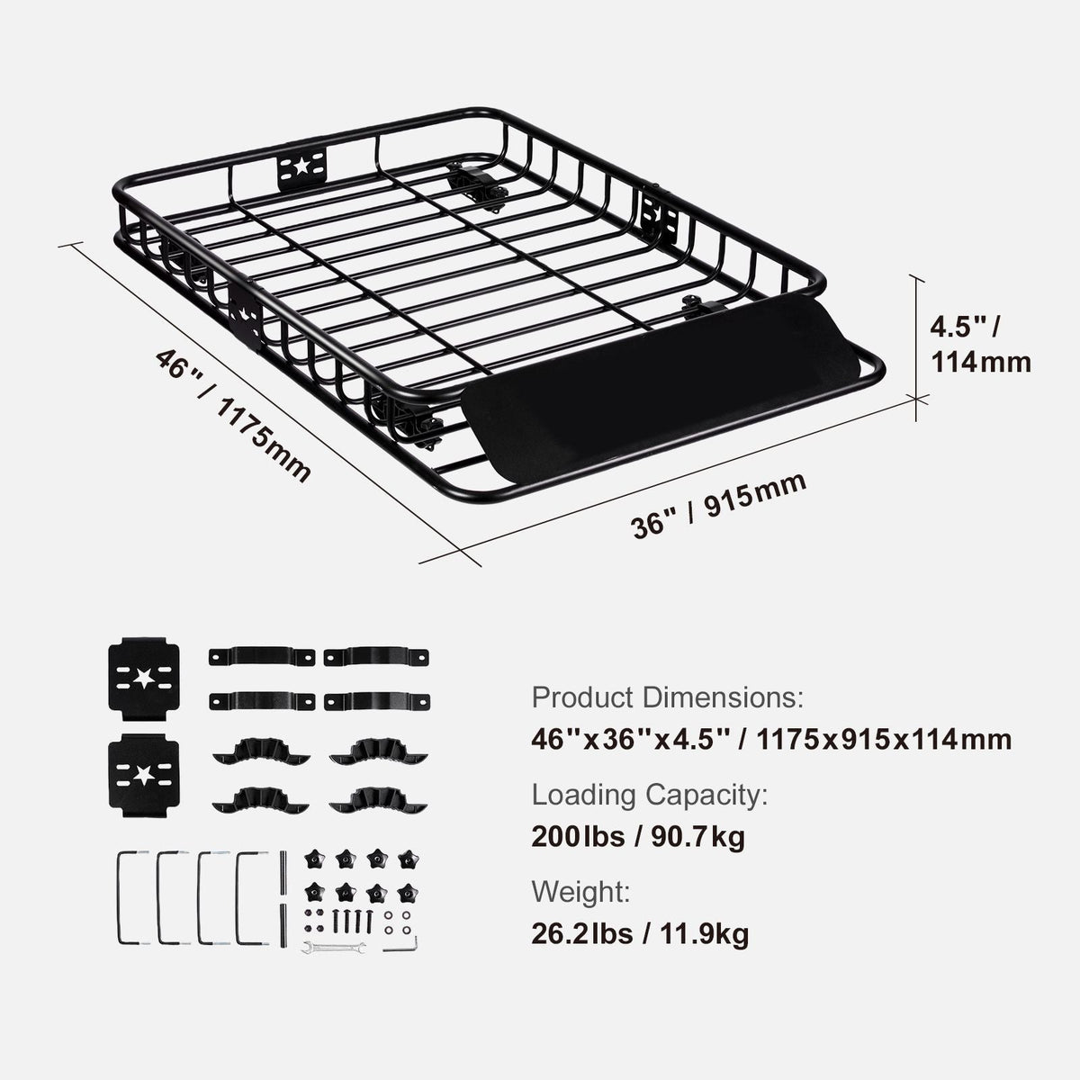 Roof Rack Cargo Basket, 46" x 36" x 4.5" Rooftop Cargo Carrier, Heavy-duty 200 LBS Capacity Universal Roof Rack Basket, Luggage Holder for SUV, Truck, Vehicle