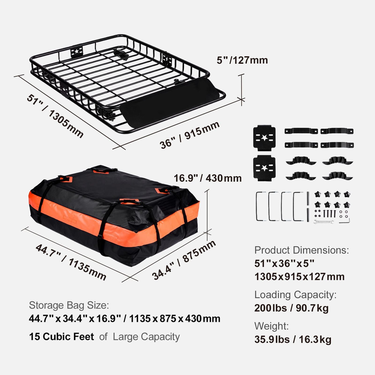 Roof Rack Cargo Basket, 51" x 36" x 5" Rooftop Cargo Carrier w/ 15 Cu Ft Waterproof Cargo Bag, 200 LBS Capacity Universal Rack Carrier for SUV, Truck