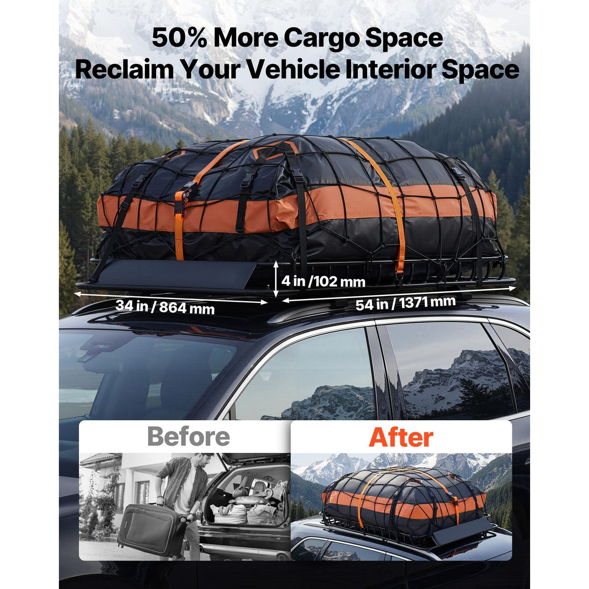 Roof Rack Cargo Basket, 54 x 34 x 4 in, Heavy Duty Roof Top Carrier Basket with Waterproof Bag, Cargo Net, Ratchet Straps, 200 lbs Capacity, Universal Car Top Luggage Holder, for SUV Truck Car