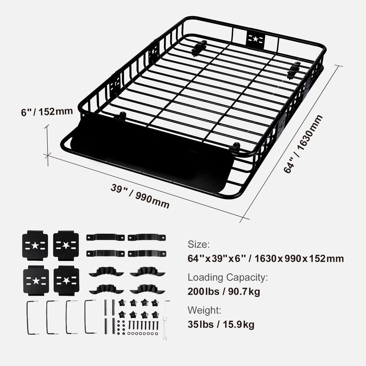Roof Rack Cargo Basket, 64" x 39" x 6" Rooftop Cargo Carrier with Extension, Heavy-duty Steel 200 LBS Capacity Universal Roof Rack Basket, Luggage Holder for SUV, Truck