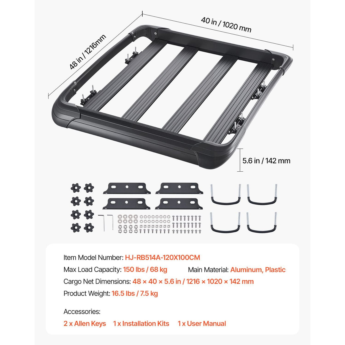 Roof Rack Cargo Carrier, 48 x 40 x 5.6 in, Universal Rooftop Cargo Basket, Car Top Luggage Holder with 150 lbs Max Load Capacity, 4.1 in Fence, Anti-Rust Alloy Steel, Wind Fairing, for SUV Car