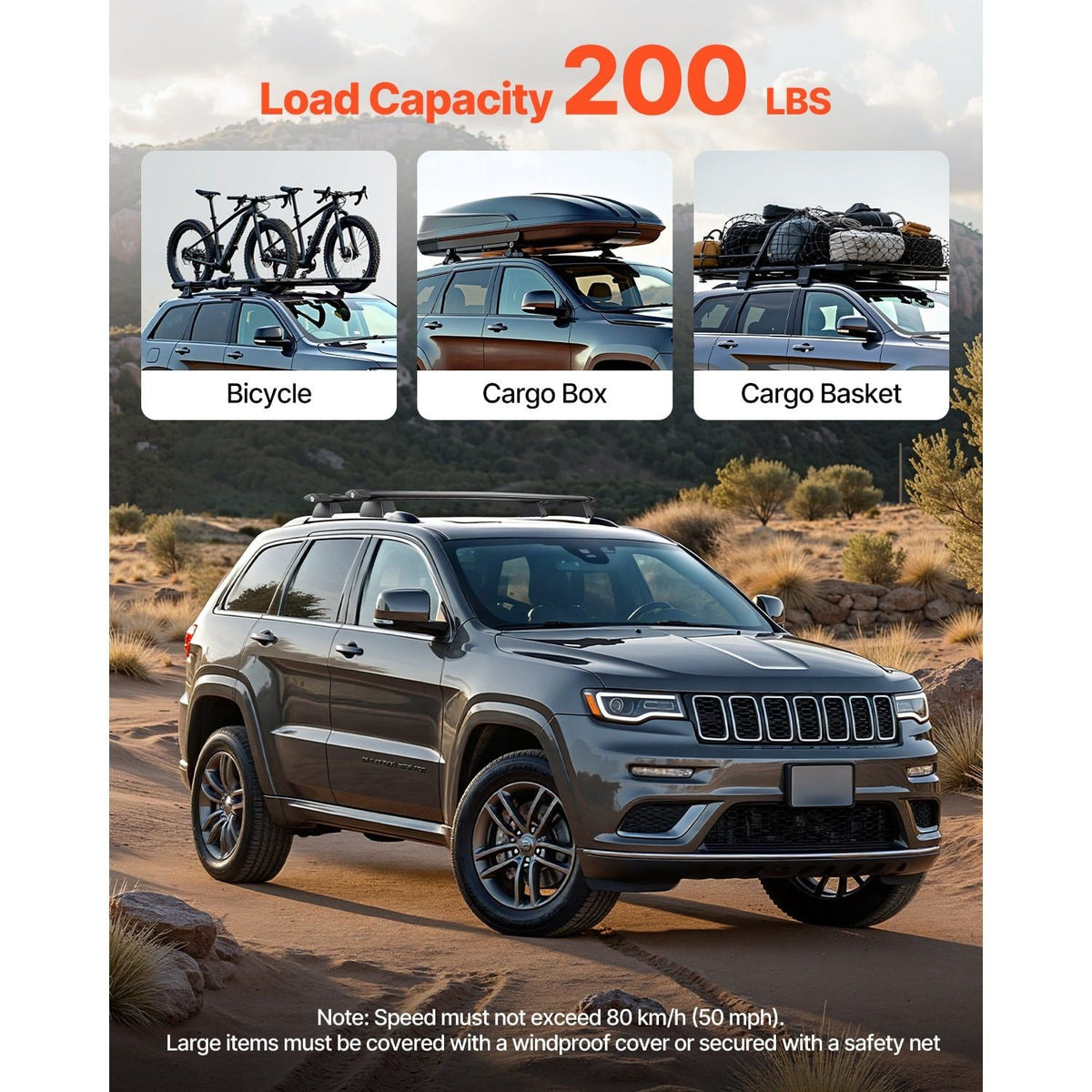 Roof Rack Cross Bars, Fits Jeep Grand Cherokee 2011-2021 (With Grooved Side Rails), 200 LBS Capacity, Lockable Heavy Duty Aluminum Crossbar Racks Roof Rail Rooftop Luggage Canoe