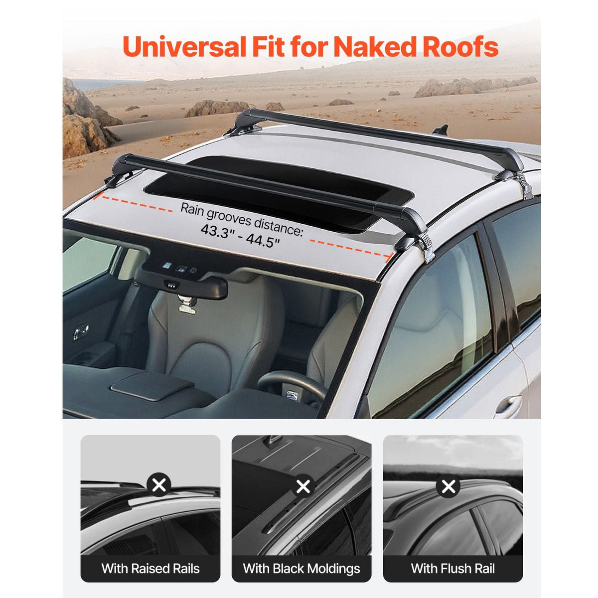 Roof Rack Cross Bars, Universal Fit for Naked Roofs Without Raised Rails/Flush Rail/Black Moldings, 165 LBS Capacity, Lockable Heavy Duty Aluminum Crossbar Racks Roof Rail Rooftop Luggage Canoe