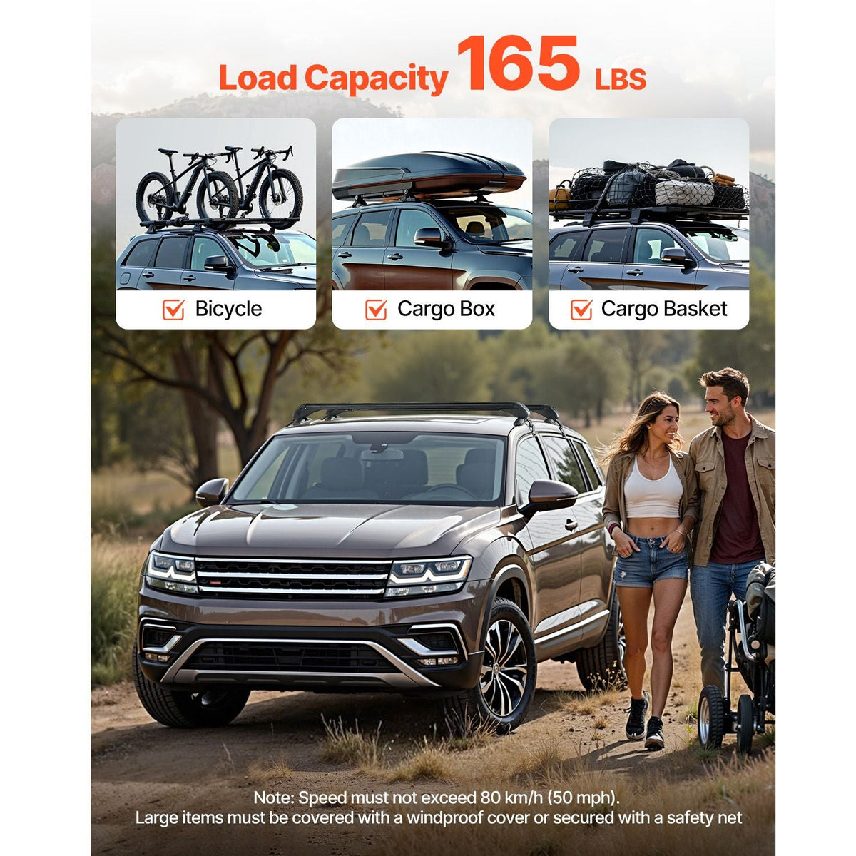 Roof Rack Cross Bars, Universal Fit for Naked Roofs Without Raised Rails/Flush Rail/Black Moldings, 165 LBS Capacity, Lockable Heavy Duty Aluminum Crossbar Racks Roof Rail Rooftop Luggage Canoe