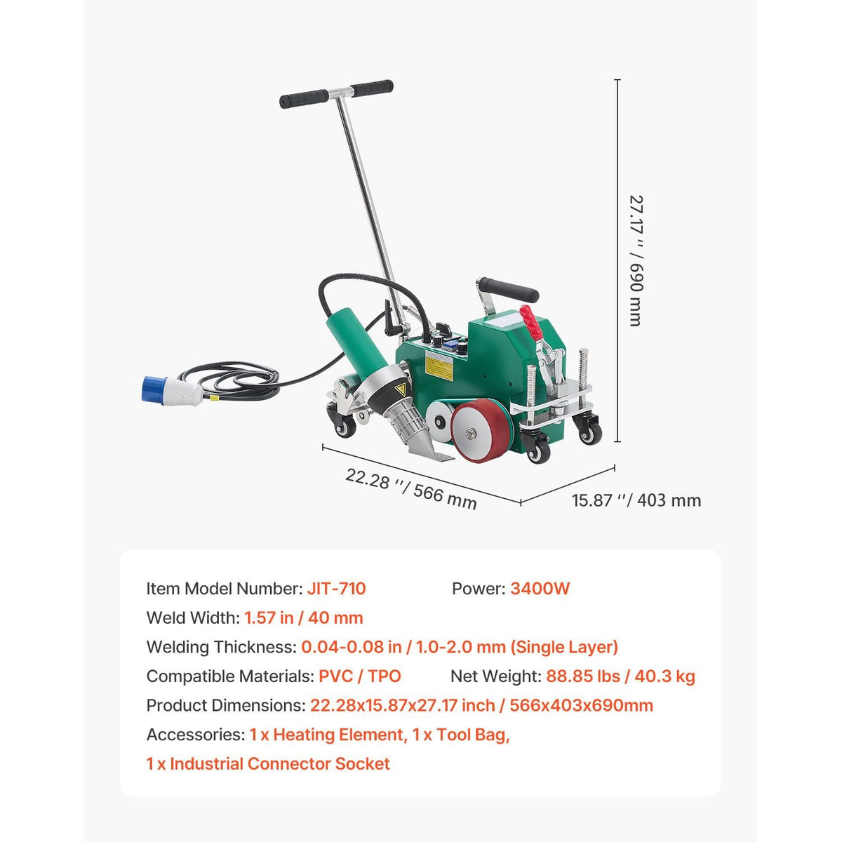 Roofing Hot Air Welder, 3400W 220V High Power Plastic PVC TPO Welding Machine - 1.57in Welding Width, 0.04-0.08 in Thickness, 68-1202 F Heat Roofing Welding Tool, for Waterproofing Advertising