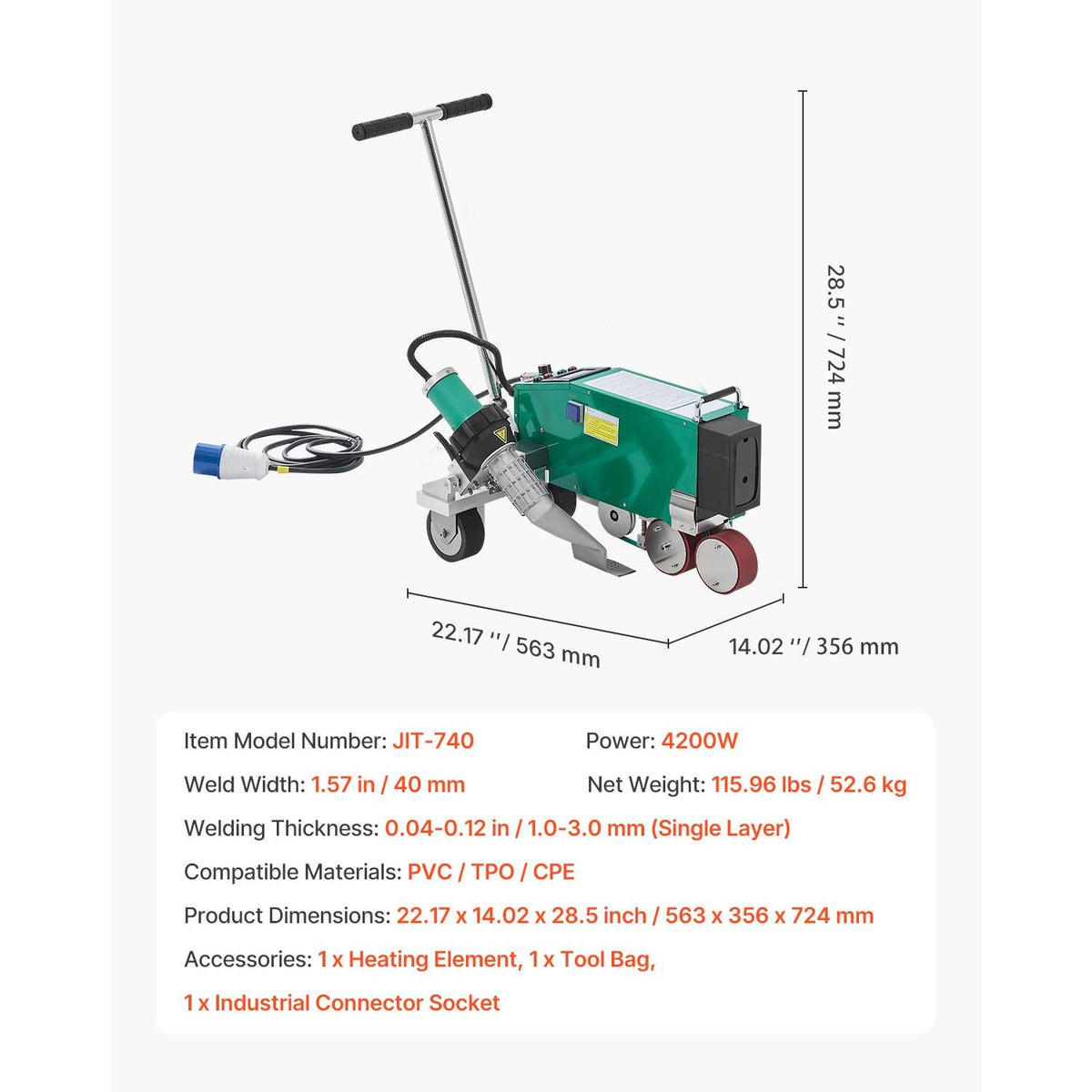 Roofing Hot Air Welder, 4200W 220V High Power Plastic PVC TPO CPE Welding Machine - 1.57" Welding Width 0.04-0.12" Thickness, 68 Fahrenheit-1202 Fahrenheit Heat Roofing Welding Tool
