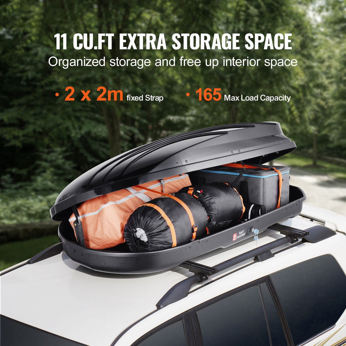Rooftop Cargo Carrier, 11 Cubic Feet Roof Cargo Box, ABS Hard Shell Roof Box, with Dual-Sided Opening and 2 Reinforced Straps, Aerodynamic, Suitable for most Crossbar, for Car, Wagon, SUV, Black