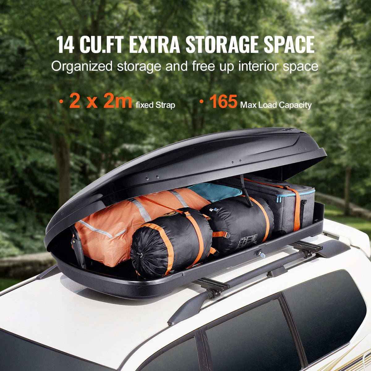 Rooftop Cargo Carrier, 14 Cubic Feet Roof Cargo Box, ABS Hard Shell Roof Box, with Dual-Sided Opening and 2 Reinforced Straps, Aerodynamic, Suitable for most Crossbar, for Car, Wagon, SUV, Black