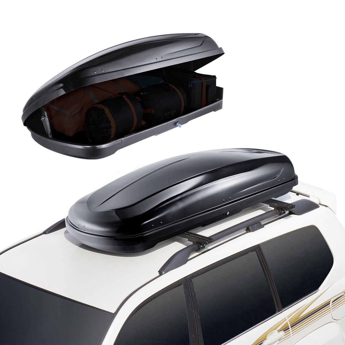 Rooftop Cargo Carrier, 14 Cubic Feet Roof Cargo Box, ABS Hard Shell Roof Box, with Dual-Sided Opening and 2 Reinforced Straps, Aerodynamic, Suitable for most Crossbar, for Car, Wagon, SUV, Black