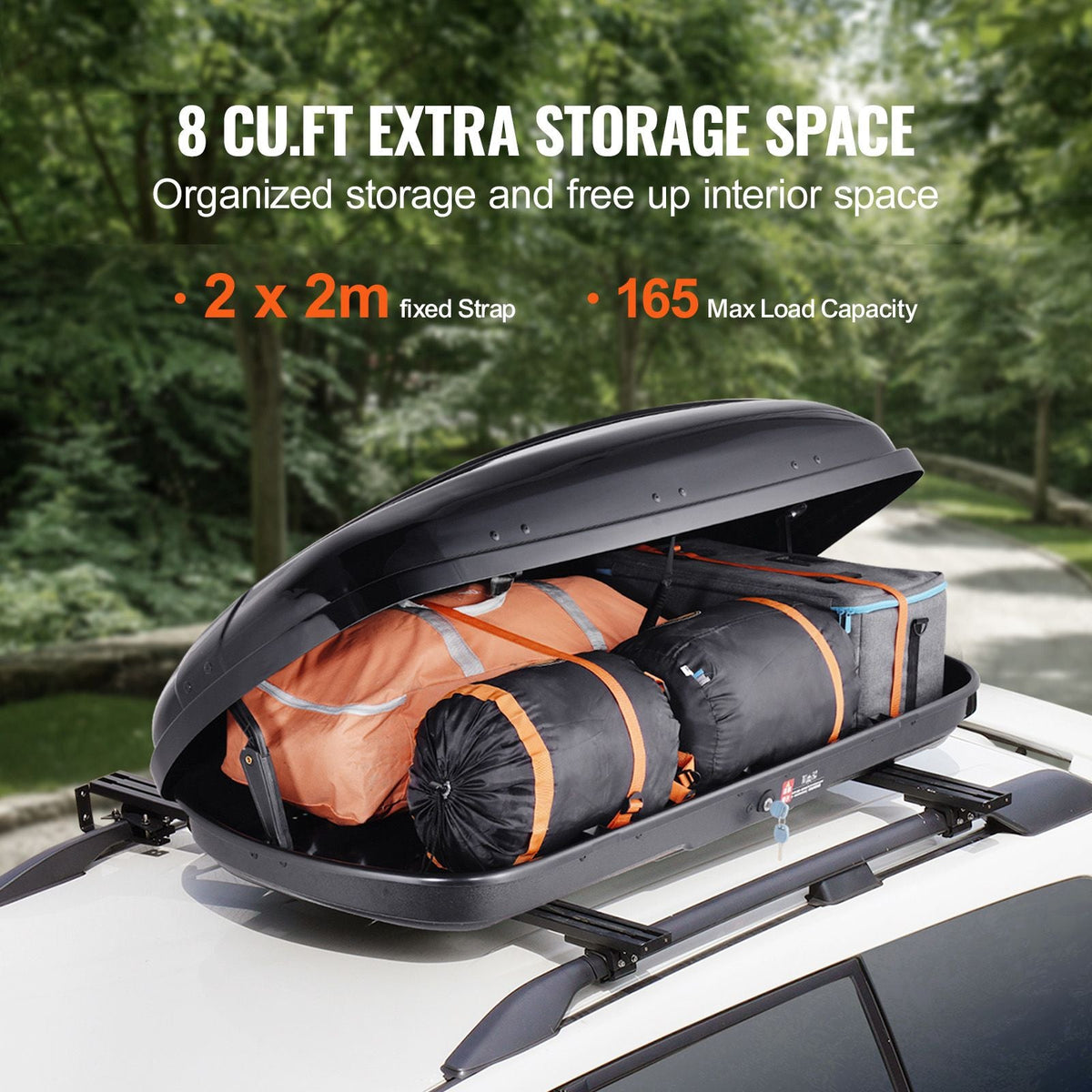 Rooftop Cargo Carrier, 8 Cubic Feet Roof Cargo Box, ABS Hard Shell Roof Box, with Dual-Sided Opening and 2 Reinforced Straps, Aerodynamic, Suitable for most Crossbar, for Car, Wagon, SUV, Black