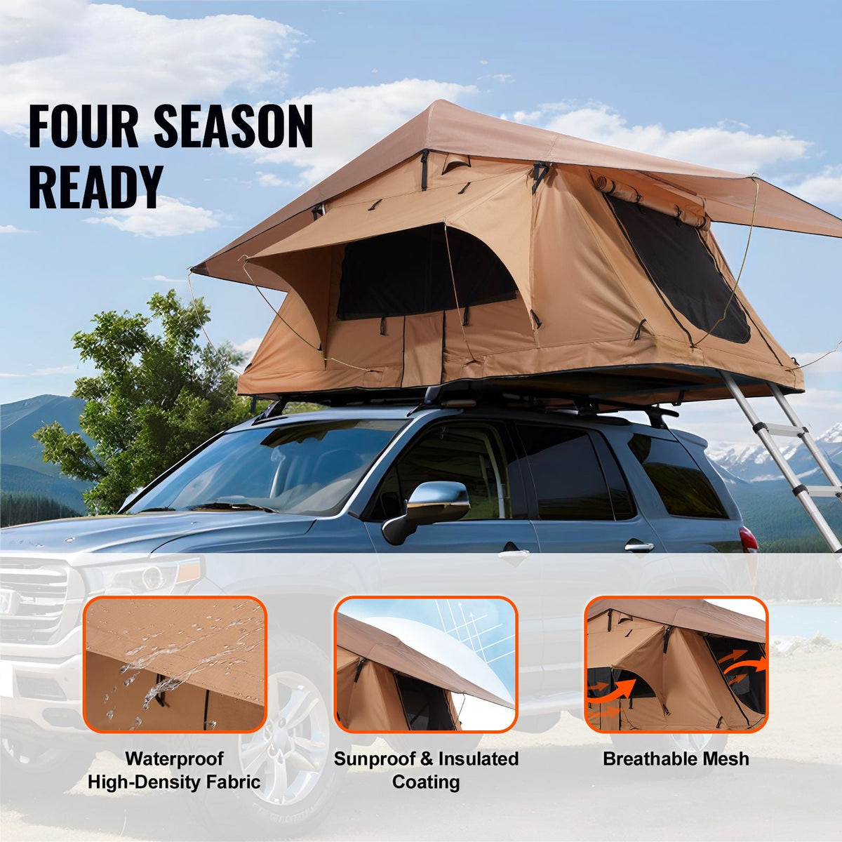 Rooftop Tent Hard Shell, Naturnest Rooftop Tent Hardshell for 2-3 Person, Folding Hard Shell Roof Top Tent with Telescopic Ladder Mattress PVC Cover Bag, Waterproof for Jeep SUV Van Pickup Truck