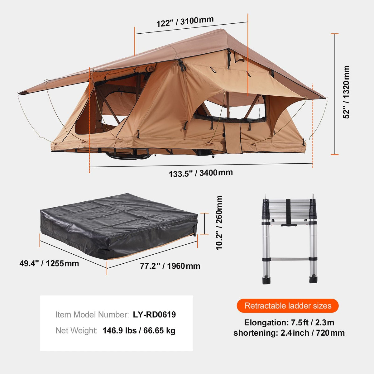 Rooftop Tent Hard Shell, Naturnest Rooftop Tent Hardshell for 2-3 Person, Folding Hard Shell Roof Top Tent with Telescopic Ladder Mattress PVC Cover Bag, Waterproof for Jeep SUV Van Pickup Truck