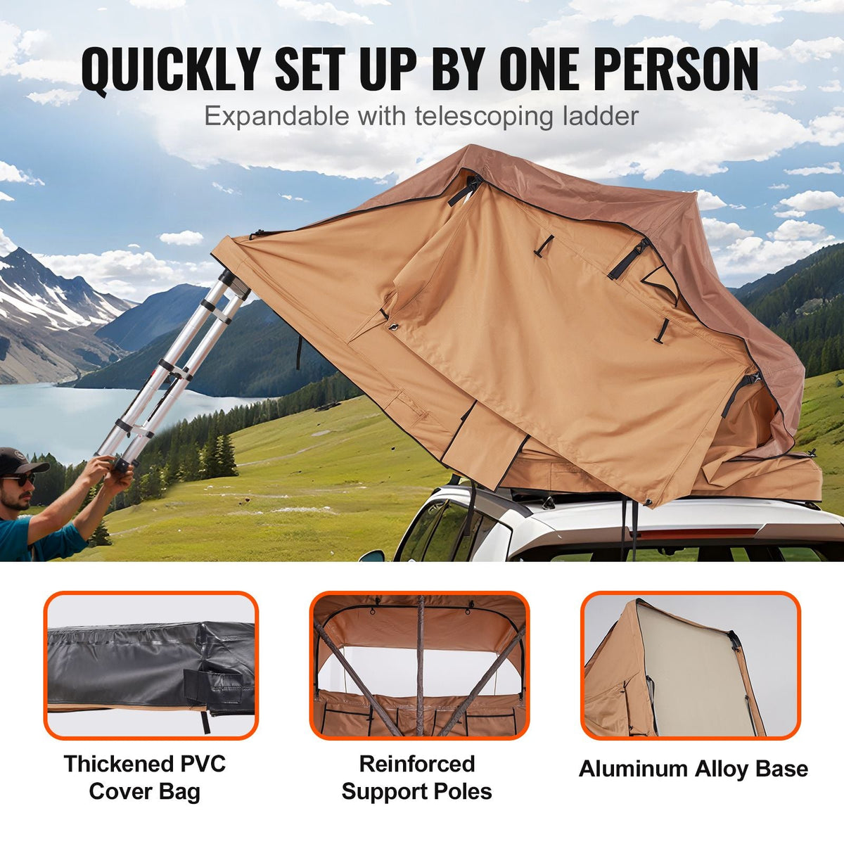 Rooftop Tent Hard Shell, Naturnest Rooftop Tent Hardshell for 2-3 Person, Folding Hard Shell Roof Top Tent with Telescopic Ladder Mattress PVC Cover Bag, Waterproof for Jeep SUV Van Pickup Truck