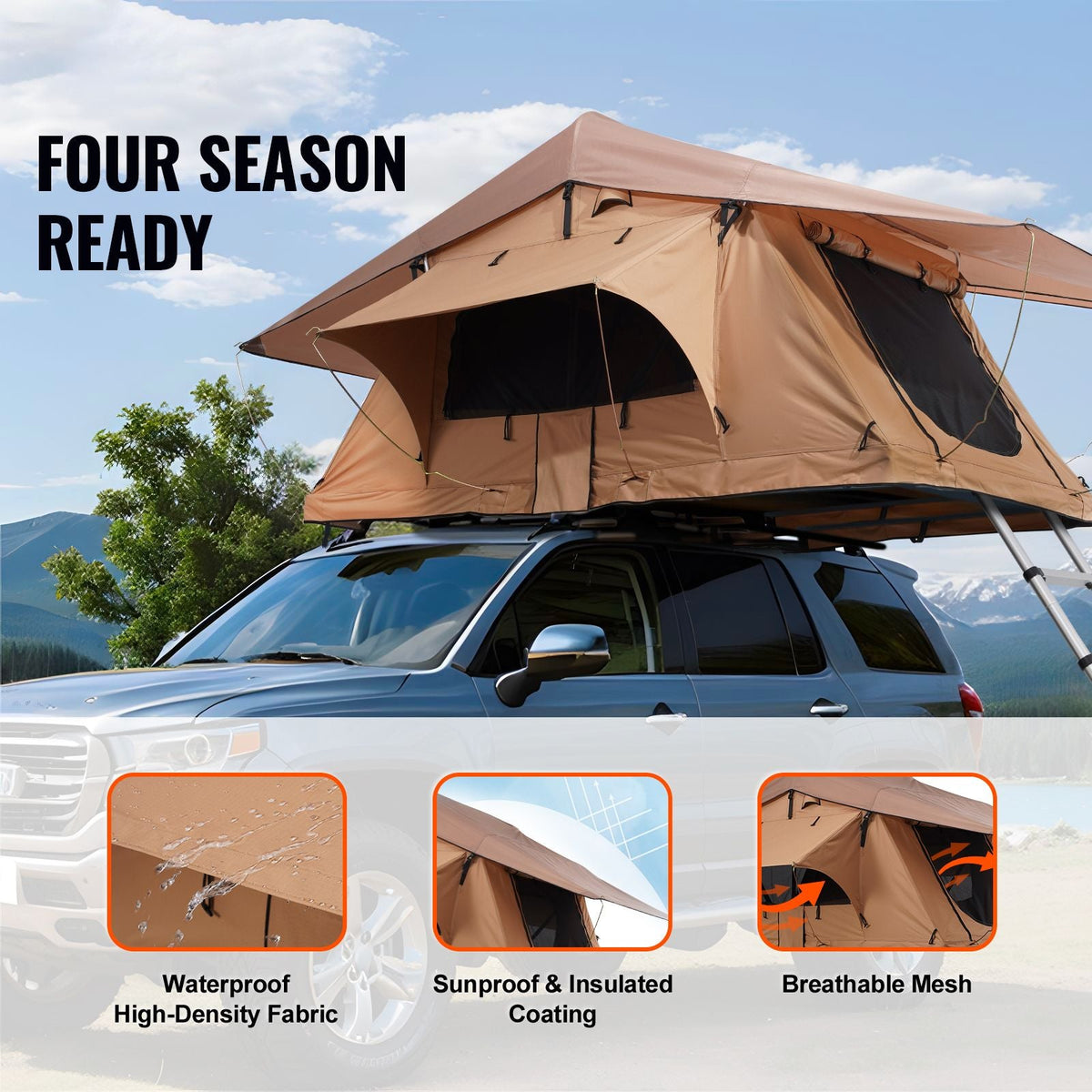 Rooftop Tent Hard Shell, Naturnest Rooftop Tent Hardshell for 2-3 Person, Folding Hard Shell Roof Top Tent with Telescopic Ladder Mattress PVC Cover Bag, Waterproof for Jeep SUV Van Pickup Truck