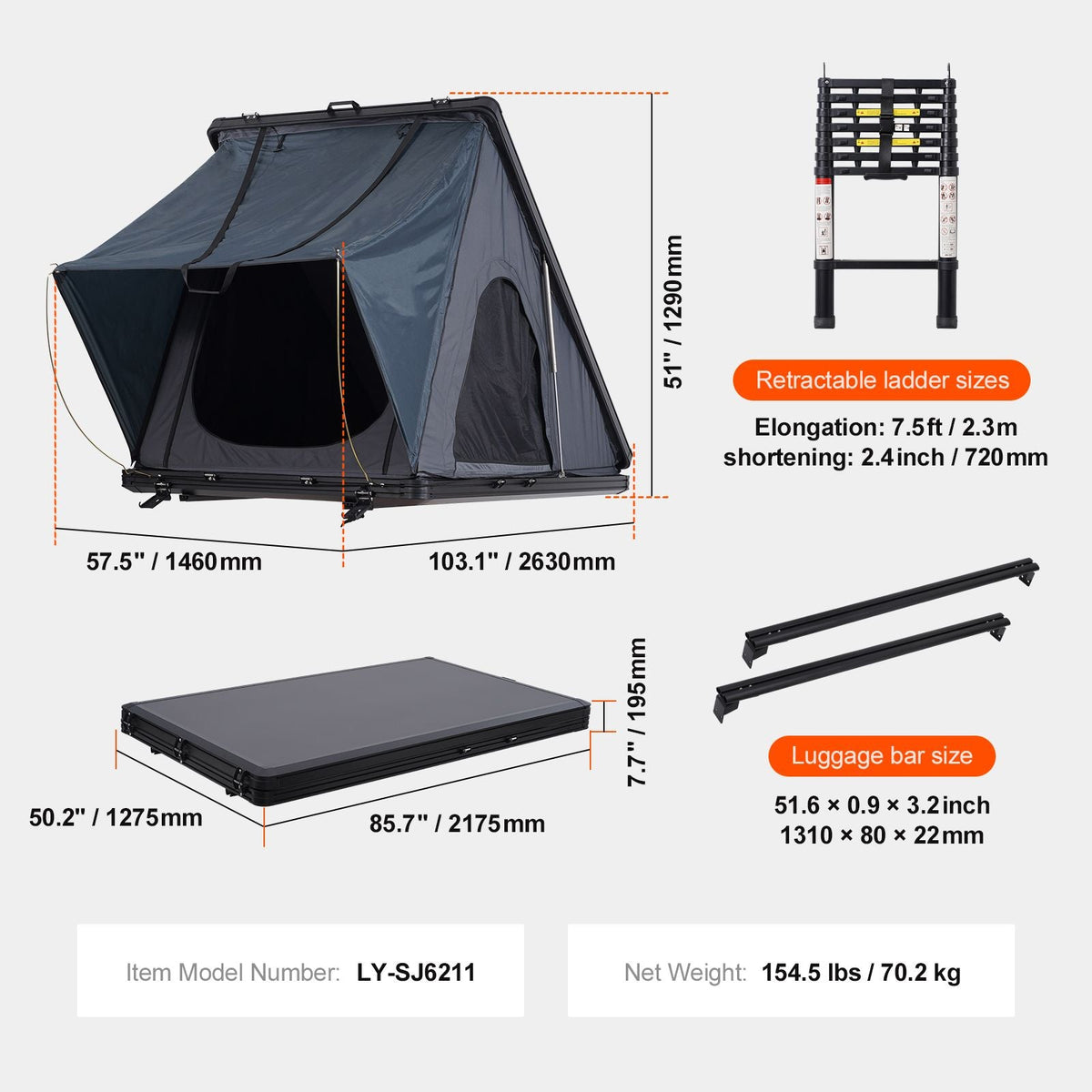 Rooftop Tent Hard Shell, Naturnest Rooftop Tent Hardshell for 2-3 Person, Hard Shell Roof Top Tent with Telescopic Ladder Thick Mattress, Waterproof Windproof for Jeep SUV Van Pickup Truck
