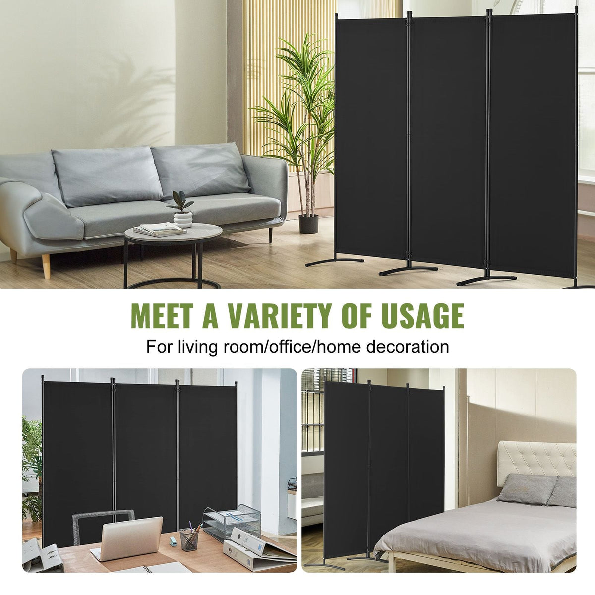 Room Divider, 3 Panel Room Dividers and Folding Privacy Screens, Fabric Partition Room Dividers for Office, Bedroom, Dining Room, Study, Freestanding, Black