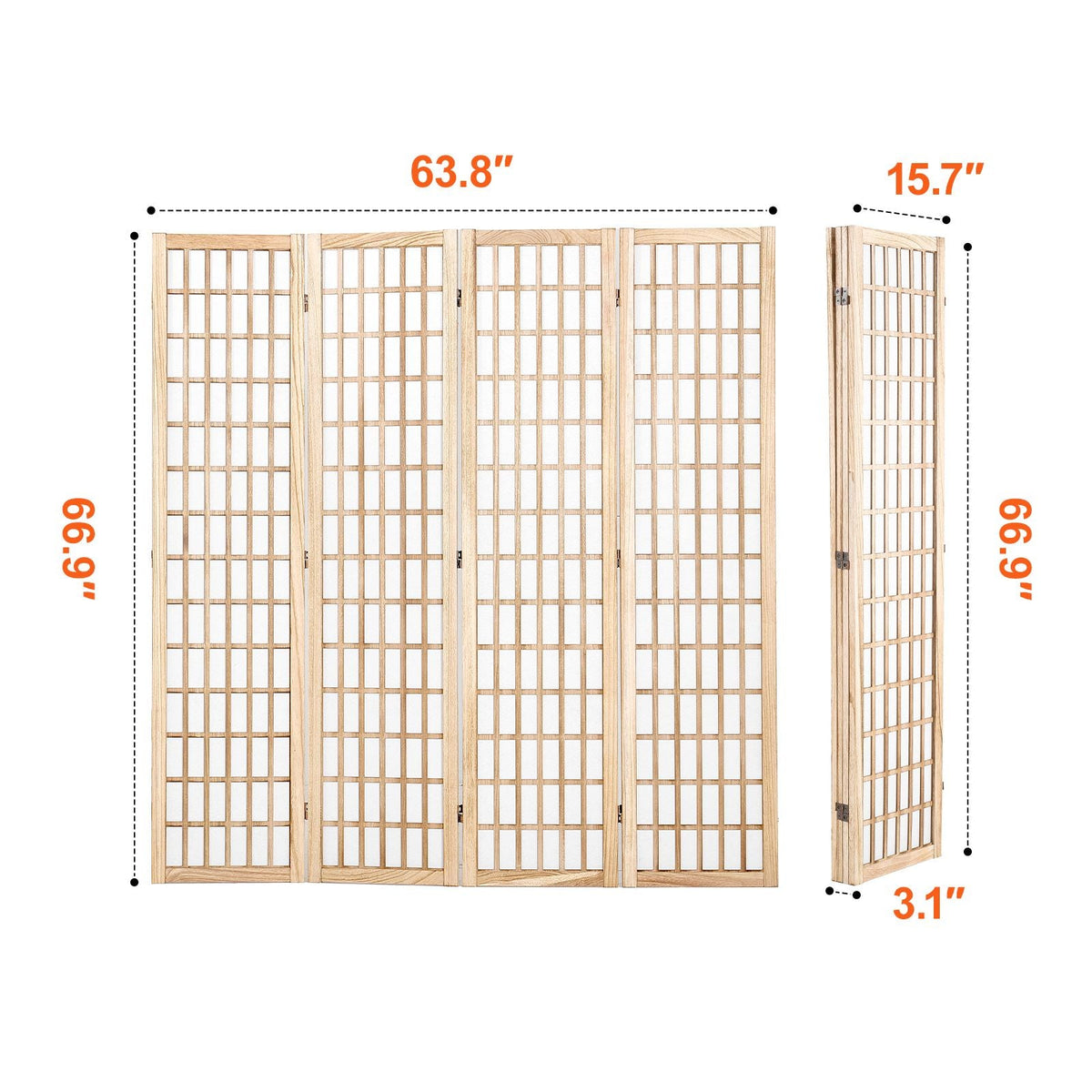 Room Divider, 4 Panel Japanese Room Divider, Folding Privacy Screen Indoor, Portable Partition Dividers and Decoration Screens, for Room Separation, Home, Office, Restaurant & Bedroom (Natural)