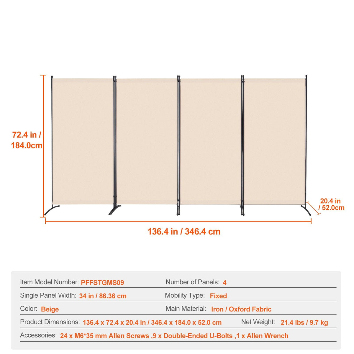 Room Divider, 4 Panel Room Divider, Folding Privacy Screen and Portable Partition Divider for Room Separation, Freestanding Room Partitions for Office, Bedroom, Study, Beige