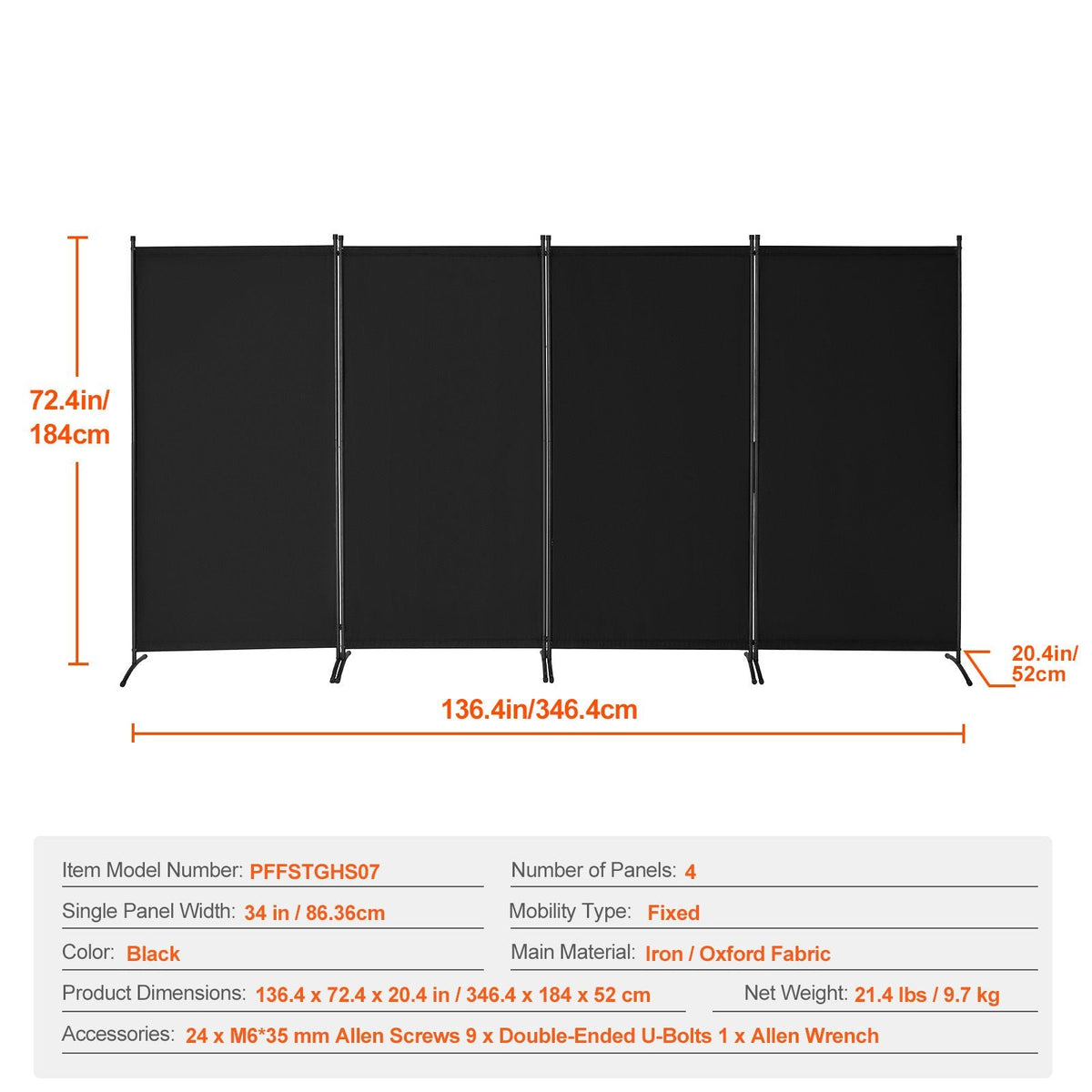 Room Divider, 4 Panel Room Divider, Folding Privacy Screen and Portable Partition Divider for Room Separation, Freestanding Room Partitions for Office, Bedroom, Study, Black