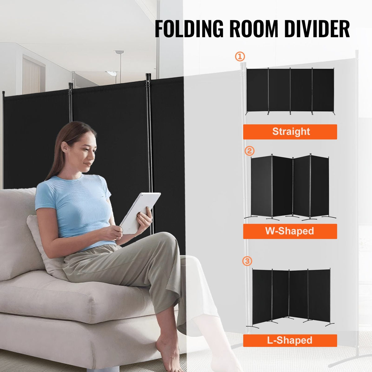Room Divider, 4 Panel Room Divider, Folding Privacy Screen and Portable Partition Divider for Room Separation, Freestanding Room Partitions for Office, Bedroom, Study, Black