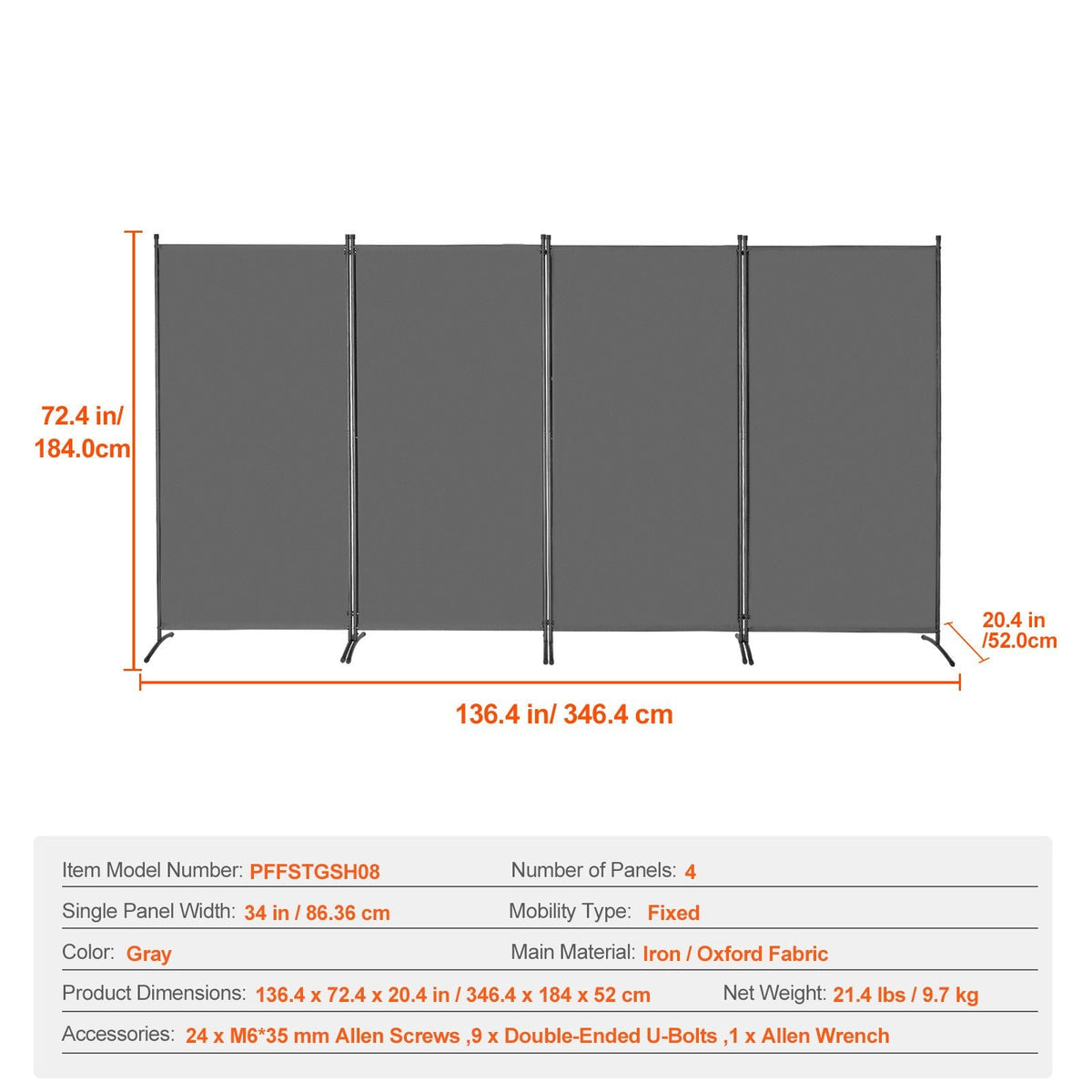 Room Divider, 4 Panels Room Divider, Folding Privacy Screen and Portable Partition Divider for Room Separation, Freestanding Room Partitions for Office, Bedroom, Study, Grey