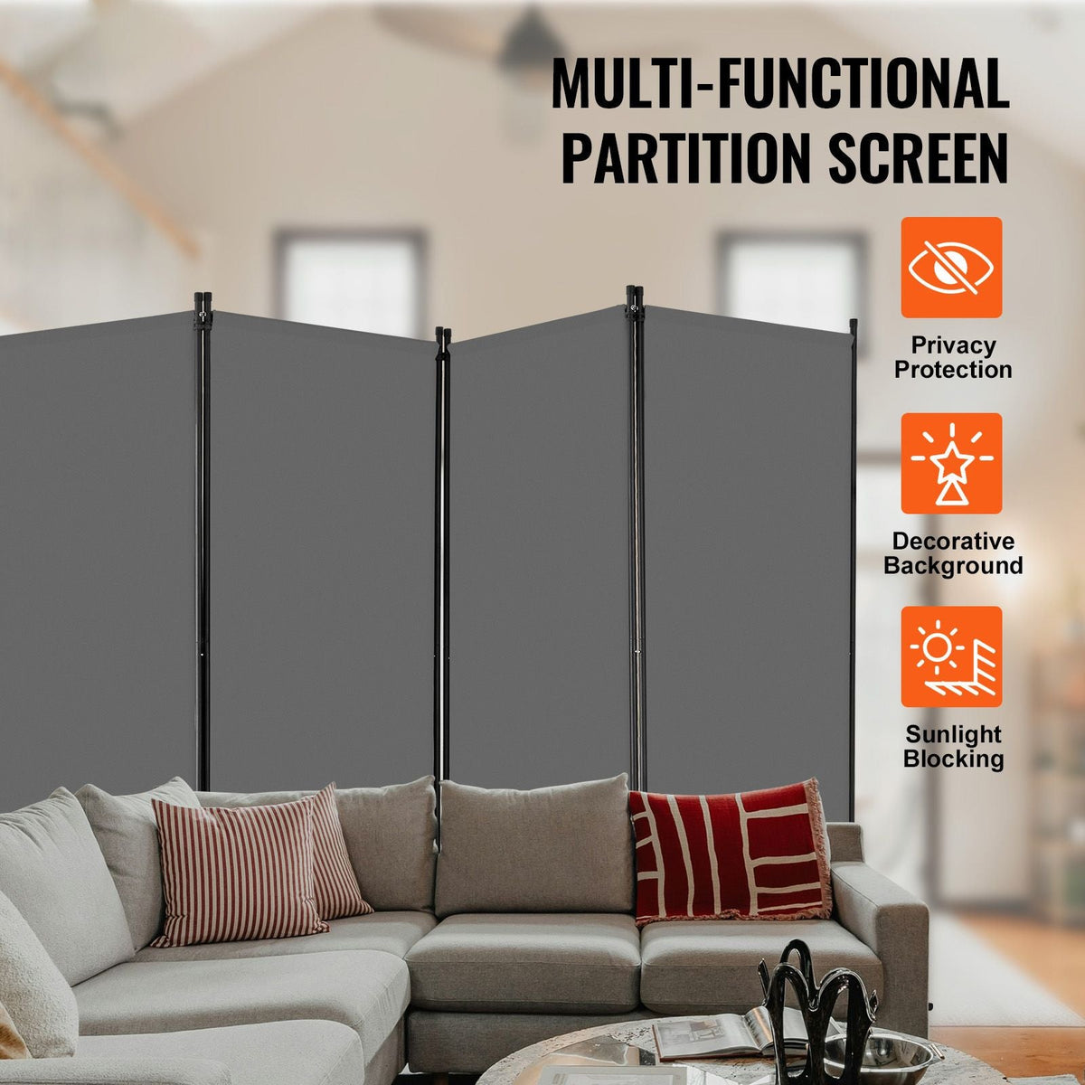 Room Divider, 4 Panels Room Divider, Folding Privacy Screen and Portable Partition Divider for Room Separation, Freestanding Room Partitions for Office, Bedroom, Study, Grey