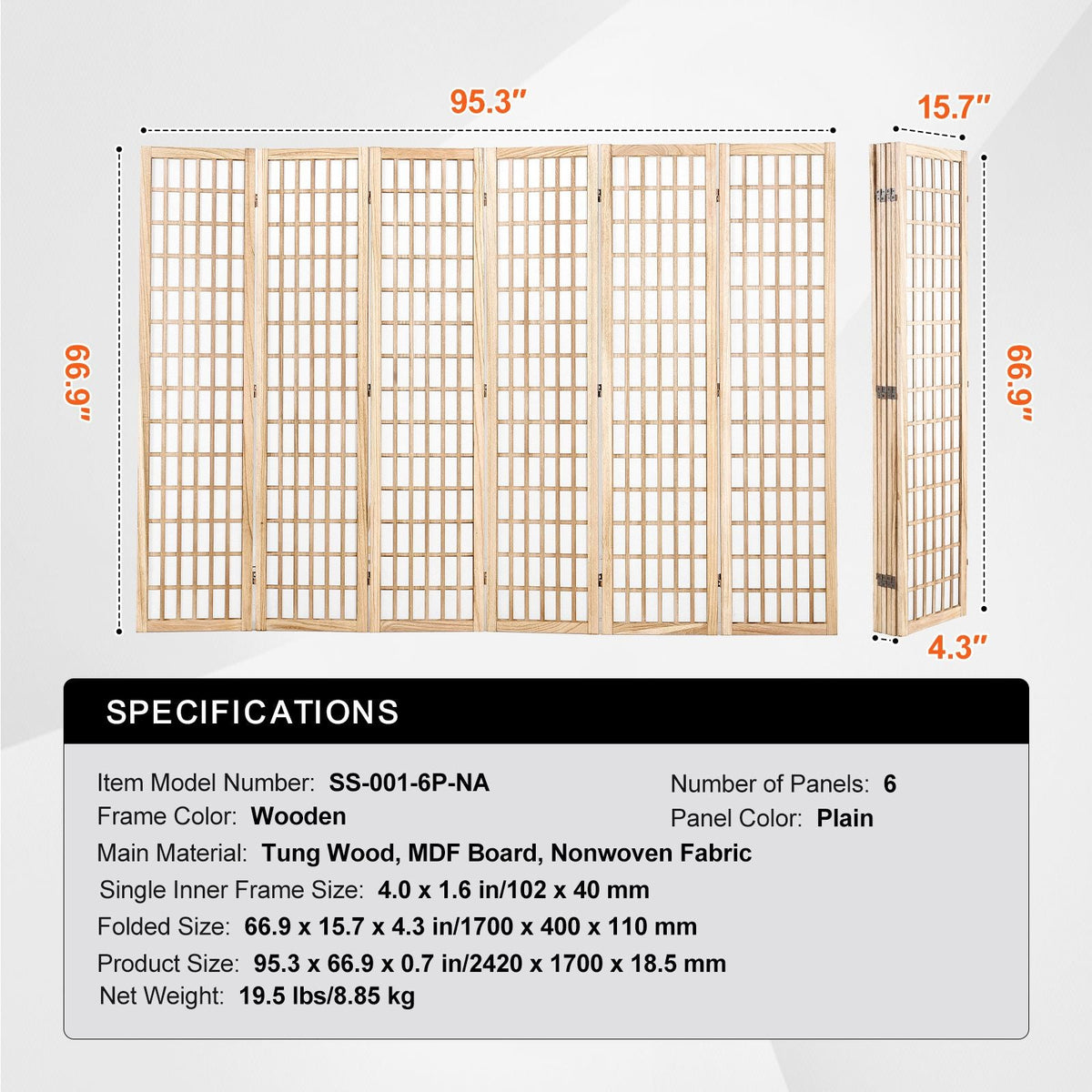 Room Divider, 6 Panel Japanese Room Divider, Wood Folding Privacy Screen Indoor, Japanese Partition Dividers Portable Decoration Screens, for Room Separation Home Office Restaurant & Bedroom