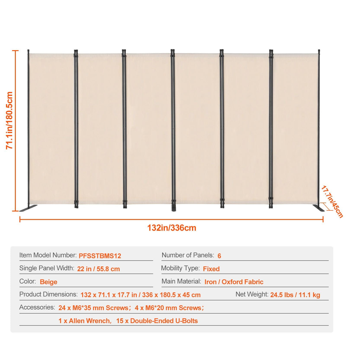Room Divider, 6 Panel Room Divider, Folding Privacy Screen and Portable Partition Divider for Room Separation, Freestanding Room Partitions for Office, Bedroom, Study, Beige