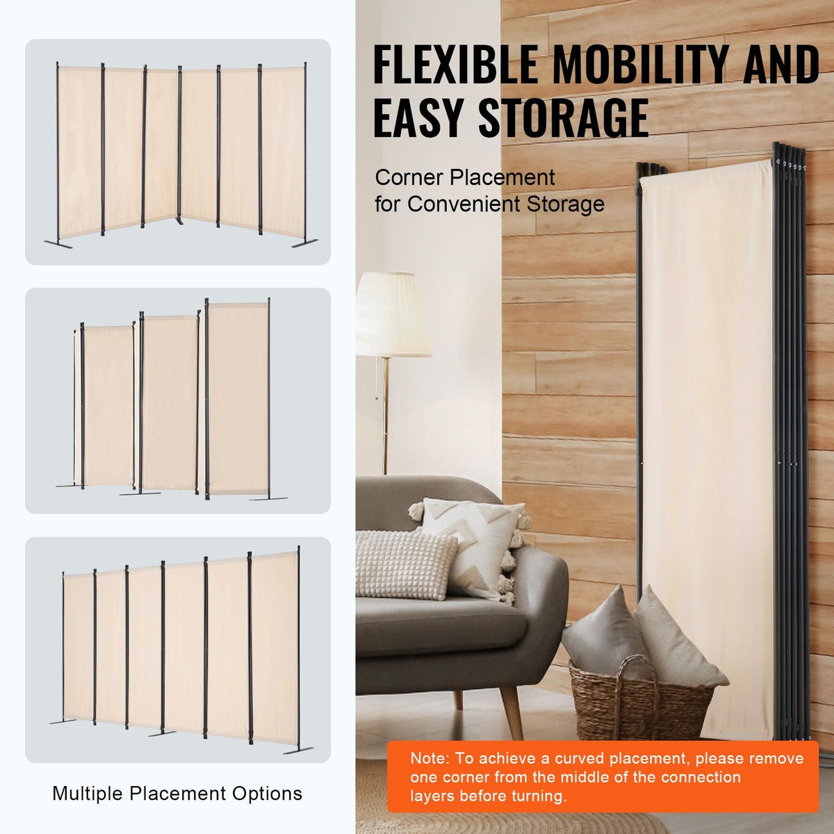 Room Divider, 6 Panel Room Divider, Folding Privacy Screen and Portable Partition Divider for Room Separation, Freestanding Room Partitions for Office, Bedroom, Study, Beige