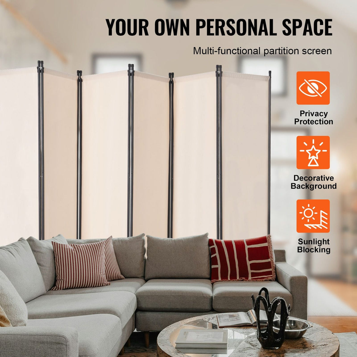 Room Divider, 6 Panel Room Divider, Folding Privacy Screen and Portable Partition Divider for Room Separation, Freestanding Room Partitions for Office, Bedroom, Study, Beige