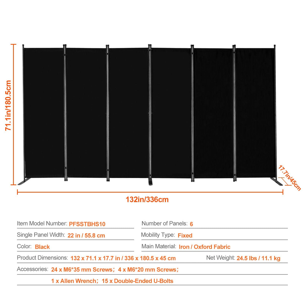 Room Divider, 6 Panel Room Divider, Folding Privacy Screen and Portable Partition Divider for Room Separation, Freestanding Room Partitions for Office, Bedroom, Study, Black