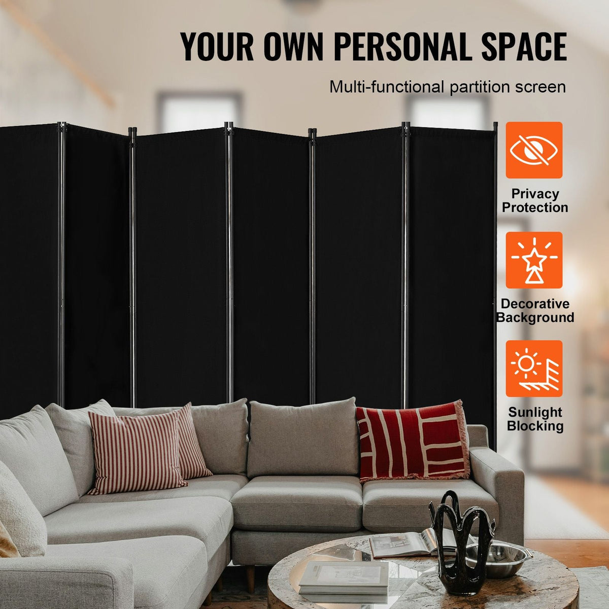 Room Divider, 6 Panel Room Divider, Folding Privacy Screen and Portable Partition Divider for Room Separation, Freestanding Room Partitions for Office, Bedroom, Study, Black