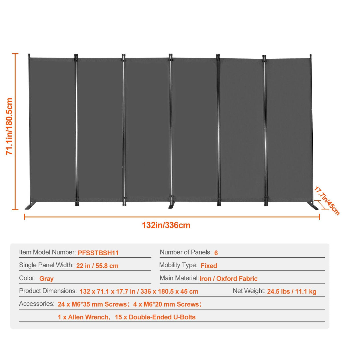 Room Divider, 6 Panel Room Divider, Folding Privacy Screen and Portable Partition Divider for Room Separation, Freestanding Room Partitions for Office, Bedroom, Study, Grey