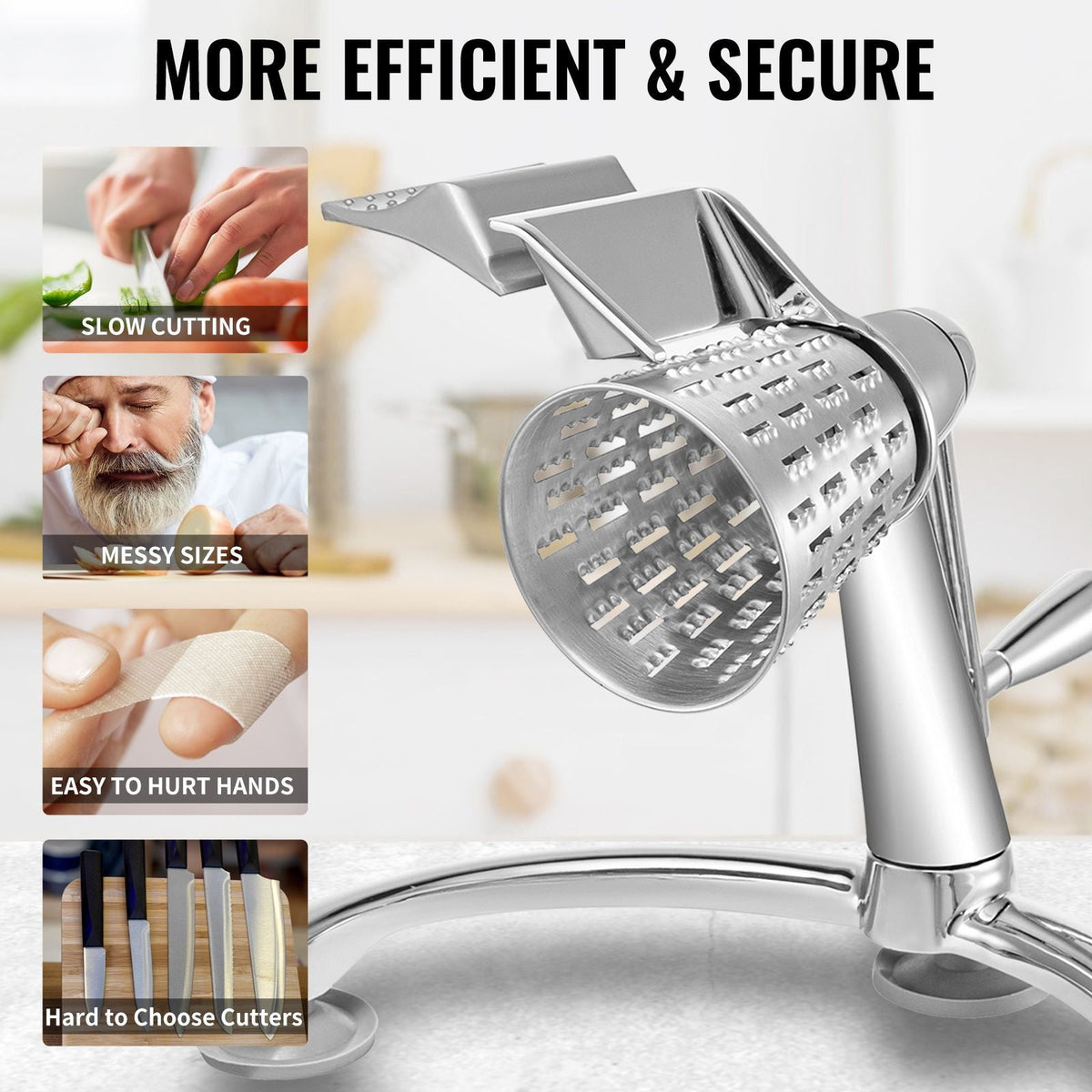 Rotary Cheese Grater, Zinc Alloy Rotary Vegetable Mandoline, Manual Cheese Mandoline with 5 Stainless Steel Cutting Cones, Manual Vegetable Grater with 2.5L Bowl, Rotary Shredder with Suction Ba