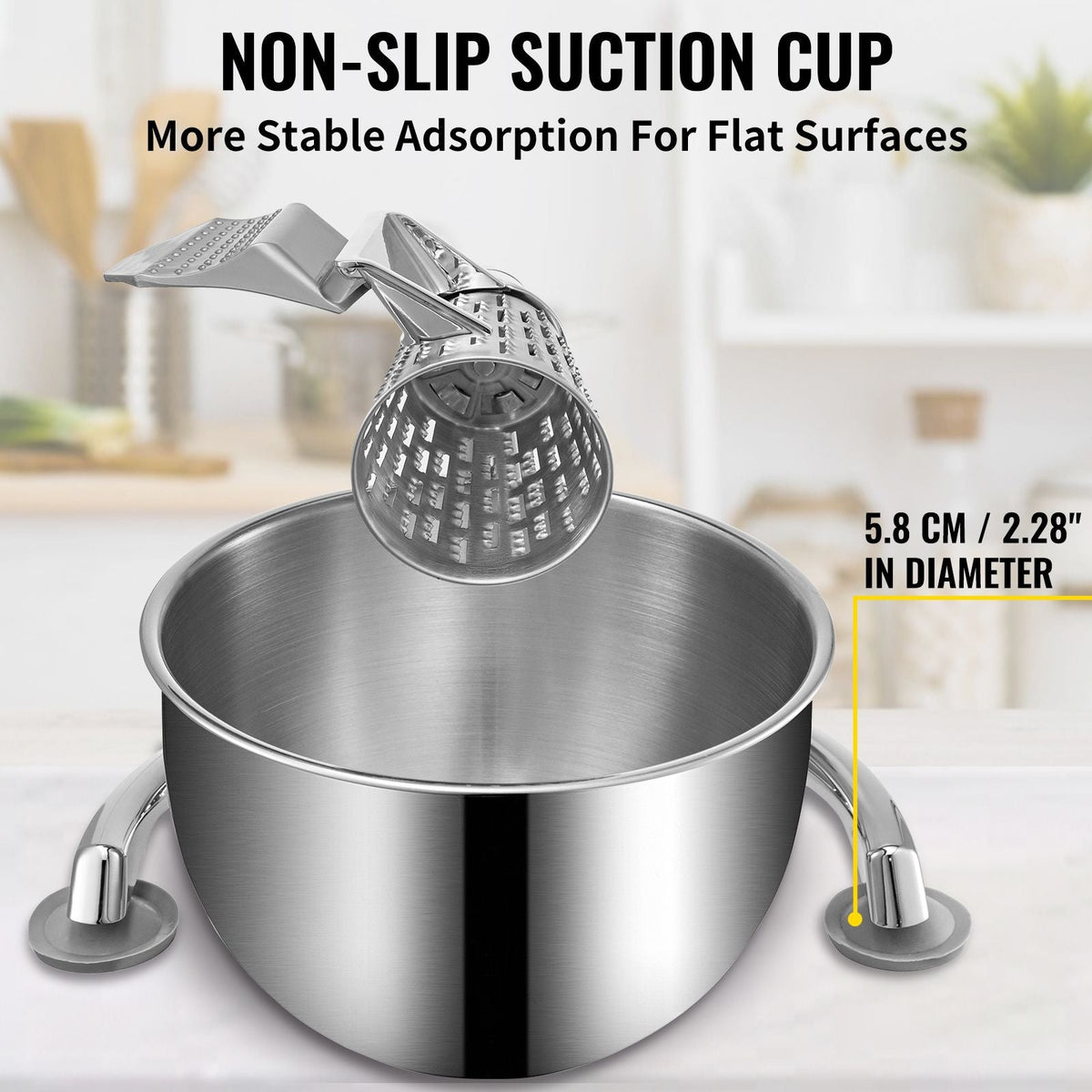Rotary Cheese Grater, Zinc Alloy Rotary Vegetable Mandoline, Manual Cheese Mandoline with 5 Stainless Steel Cutting Cones, Manual Vegetable Grater with 2.5L Bowl, Rotary Shredder with Suction Ba