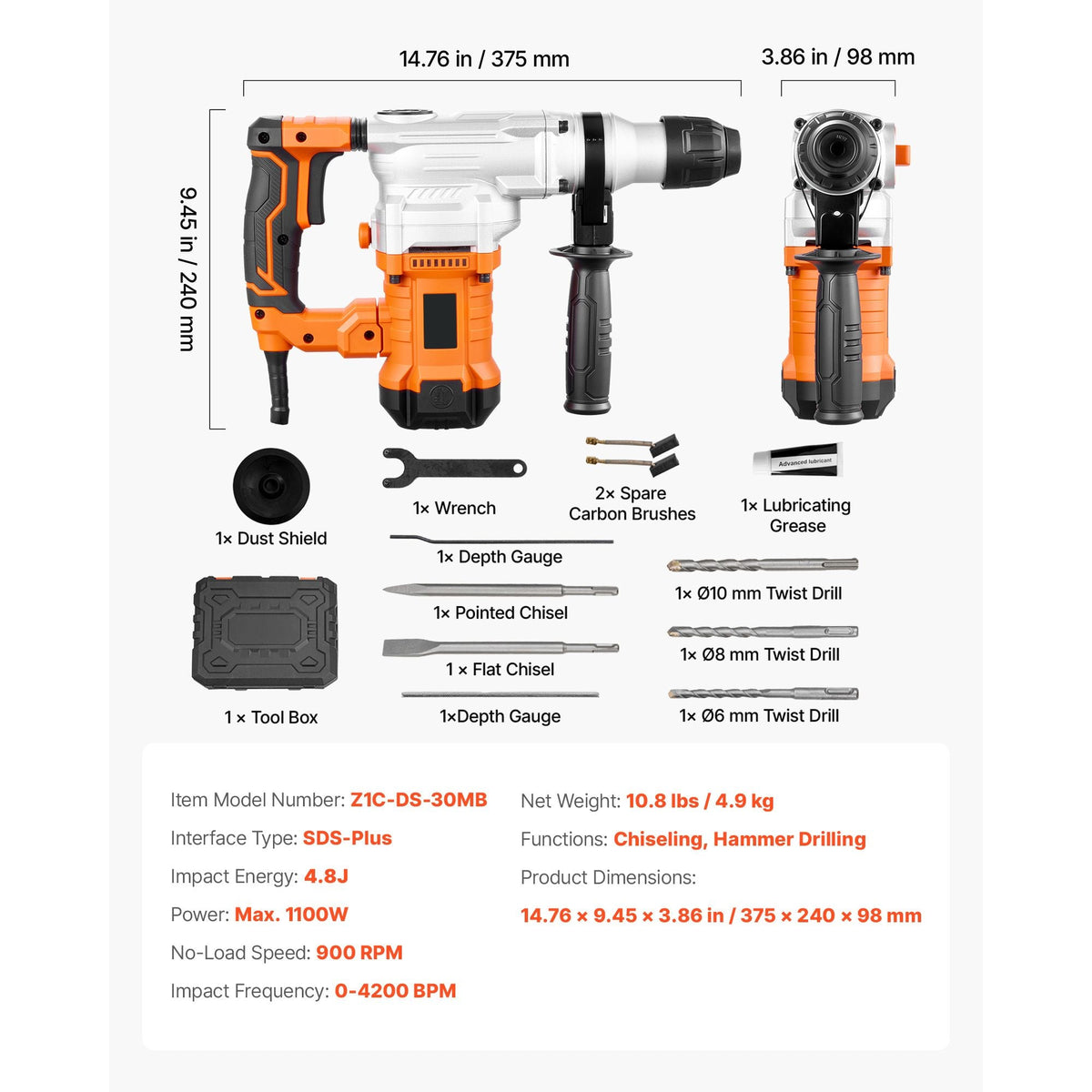 Rotary Hammer Drill, 1-1/8 in SDS-Plus Electric Corded Heavy Duty Rotary Hammer, Including 3 Drill Bits, Flat Chisel, Pointed Chisel, Grease, Brush, and Carrying Case, for Concrete and Masonry