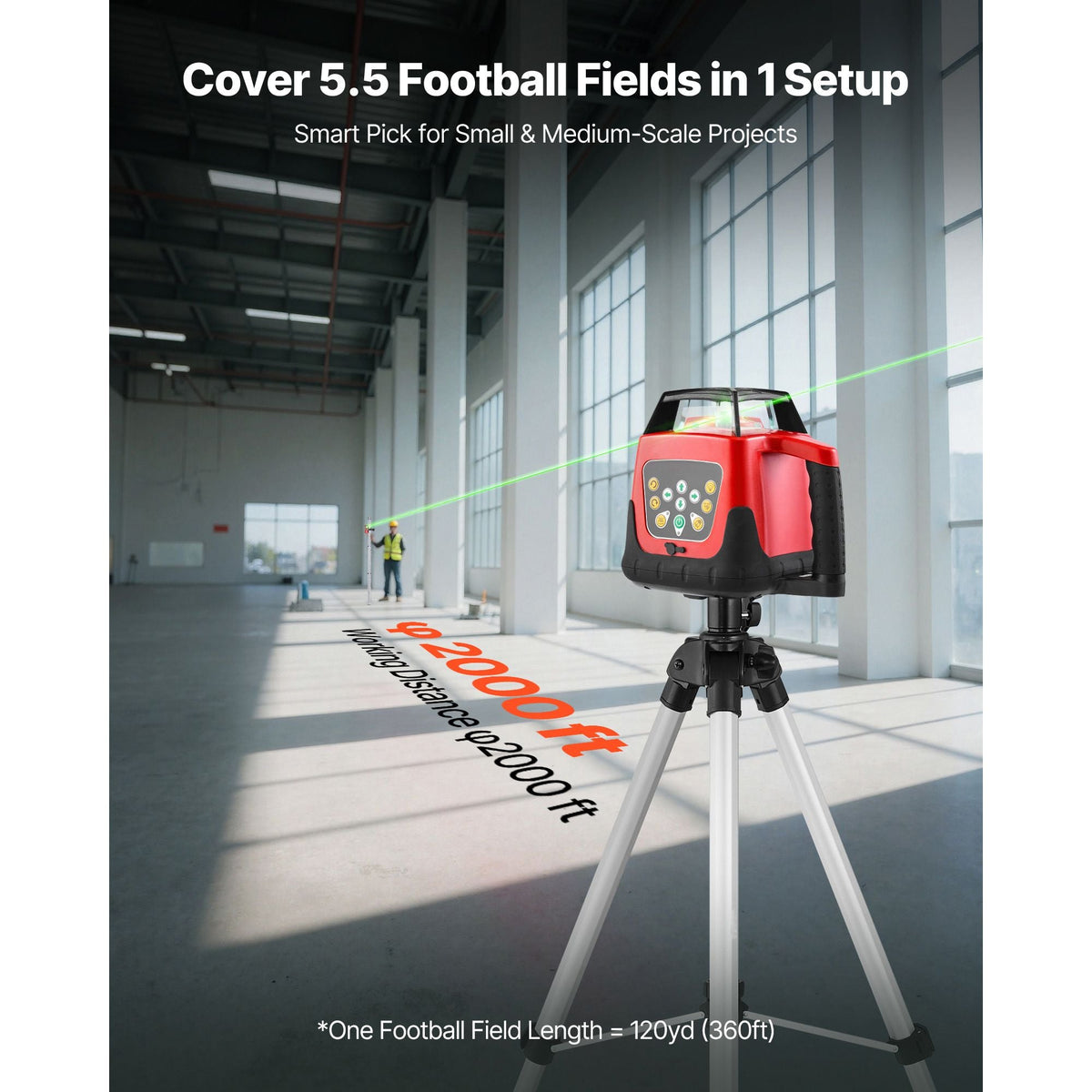 Rotary Laser Level Kit, 2000ft 360-Degree Self Leveling Green Horizontal Laser Transit,with Tripod,Receiver,Remote Control, Scale, Toolcase, IP66 Rating Waterproof, 0.80in/100ft for Construction